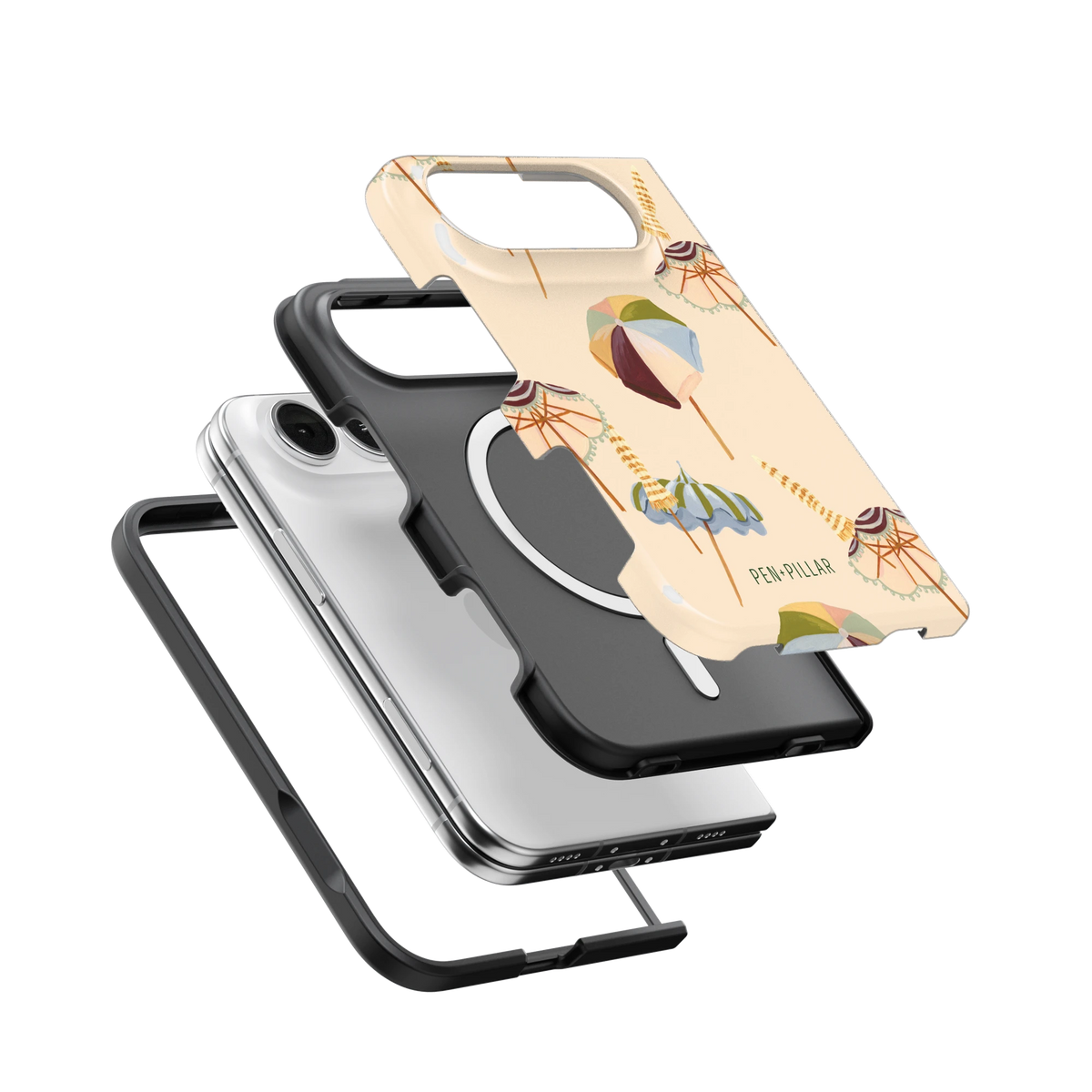 Umbrellas iPhone 18 Duo case, exploded view of the printed shell, black inner layer with MagSafe ring, and phone