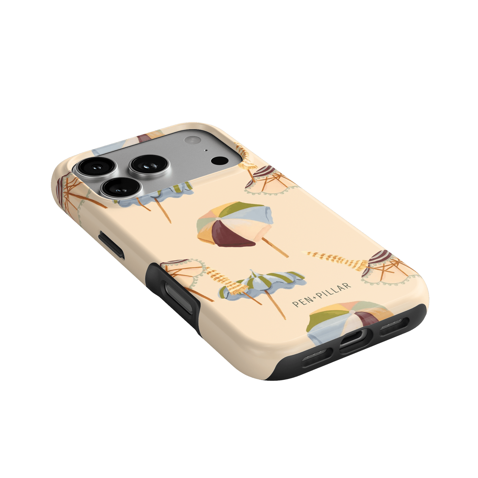 Umbrellas iPhone case featuring a light beige background with colorful umbrella designs and a textured finish.