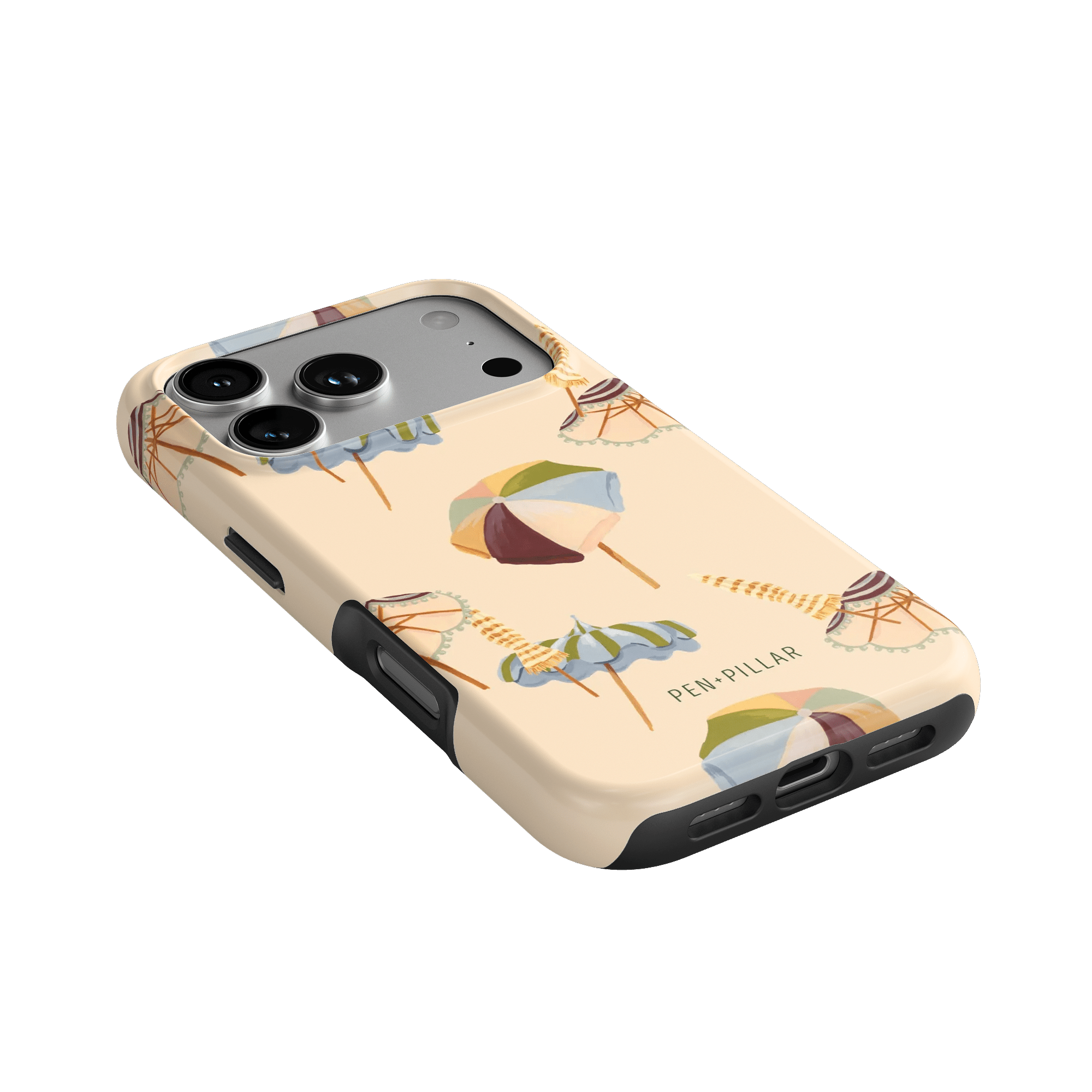 Umbrellas iPhone case featuring a light beige background with colorful umbrella designs and a textured finish.