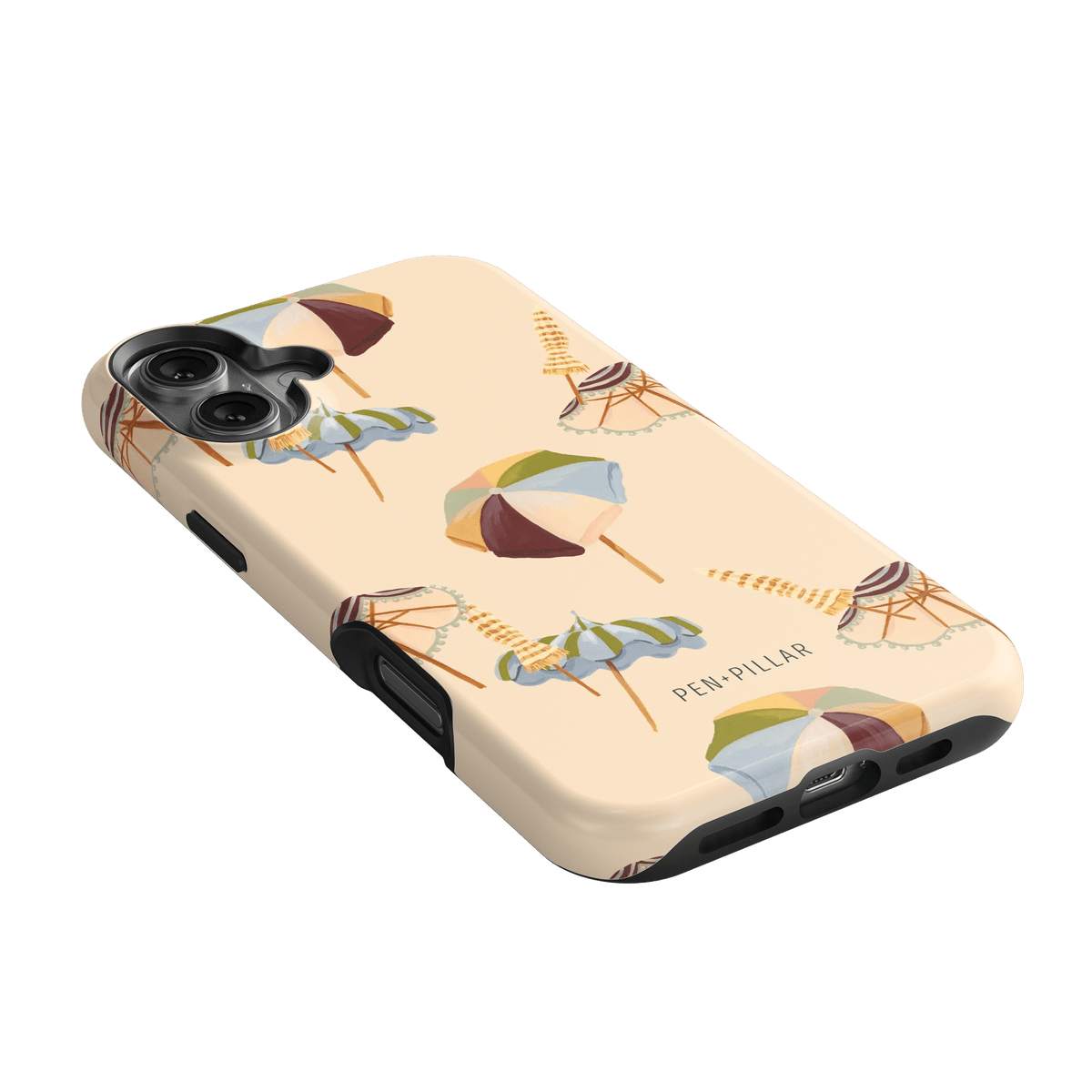 Umbrellas iPhone case featuring a light beige background with colorful umbrella designs and a textured finish.