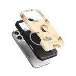 Umbrellas iPhone case featuring a light background with colorful umbrella designs, stacked with black and clear cases.