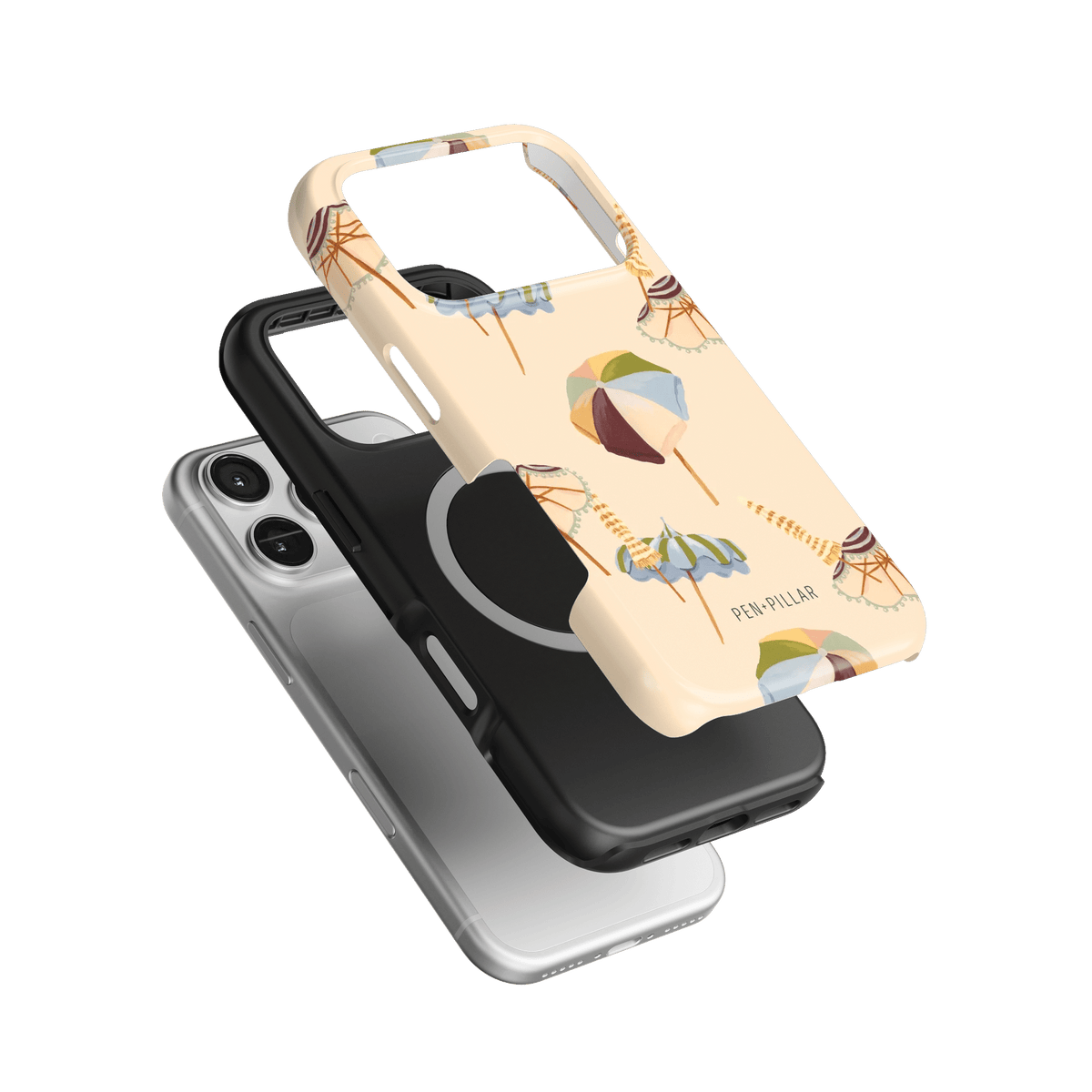 Umbrellas iPhone case featuring a light background with colorful umbrella designs, stacked with black and clear cases.