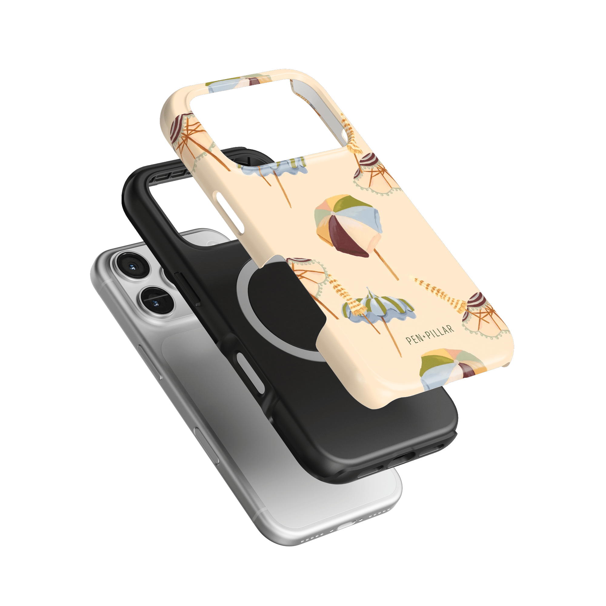 Umbrellas iPhone case featuring a light background with colorful umbrella designs, stacked with black and clear cases.