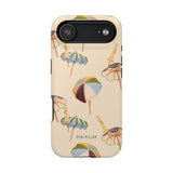 Umbrellas iPhone case featuring a light beige background with colorful umbrella patterns and the brand name at the bottom.
