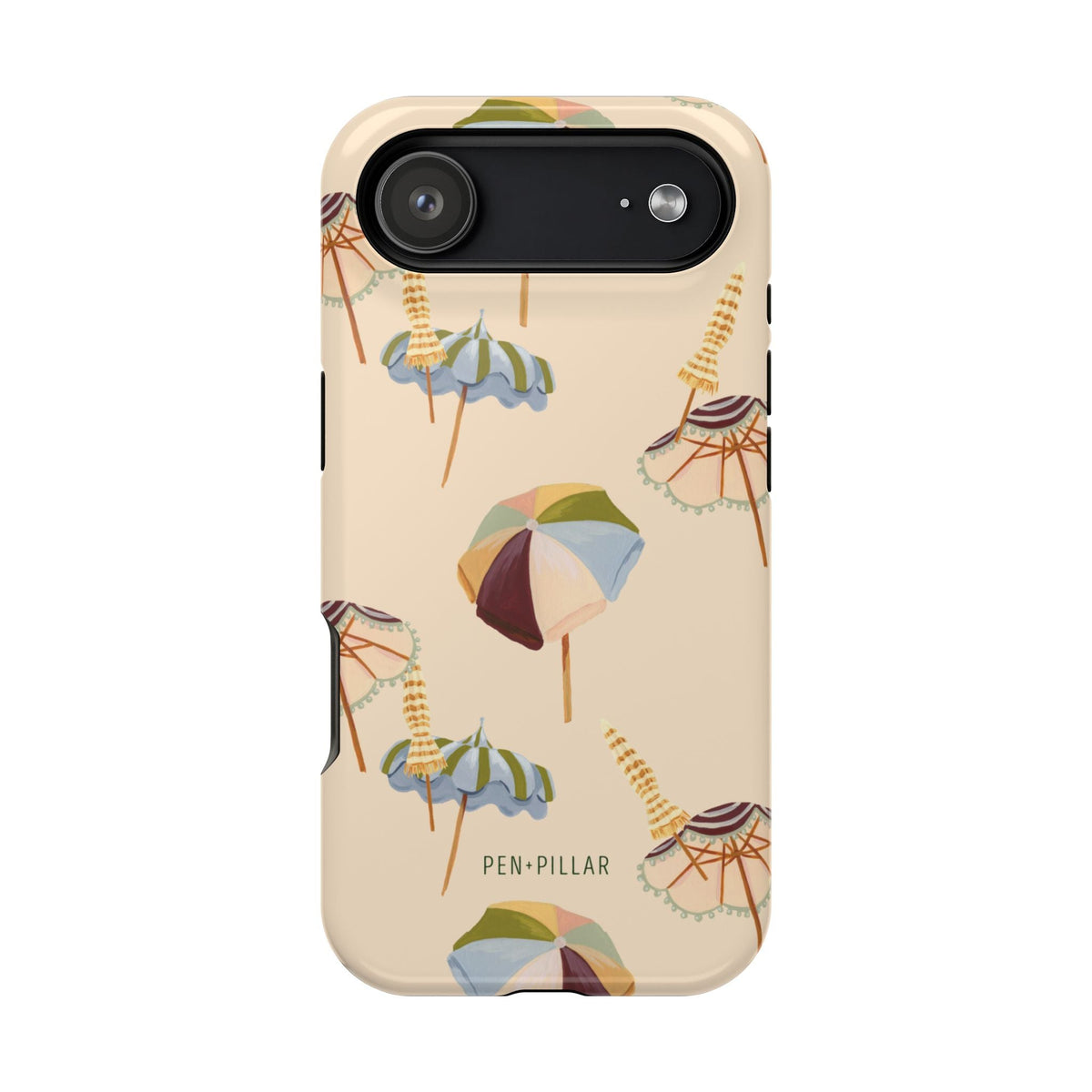 Umbrellas iPhone case featuring a light beige background with colorful umbrella patterns and the brand name at the bottom.