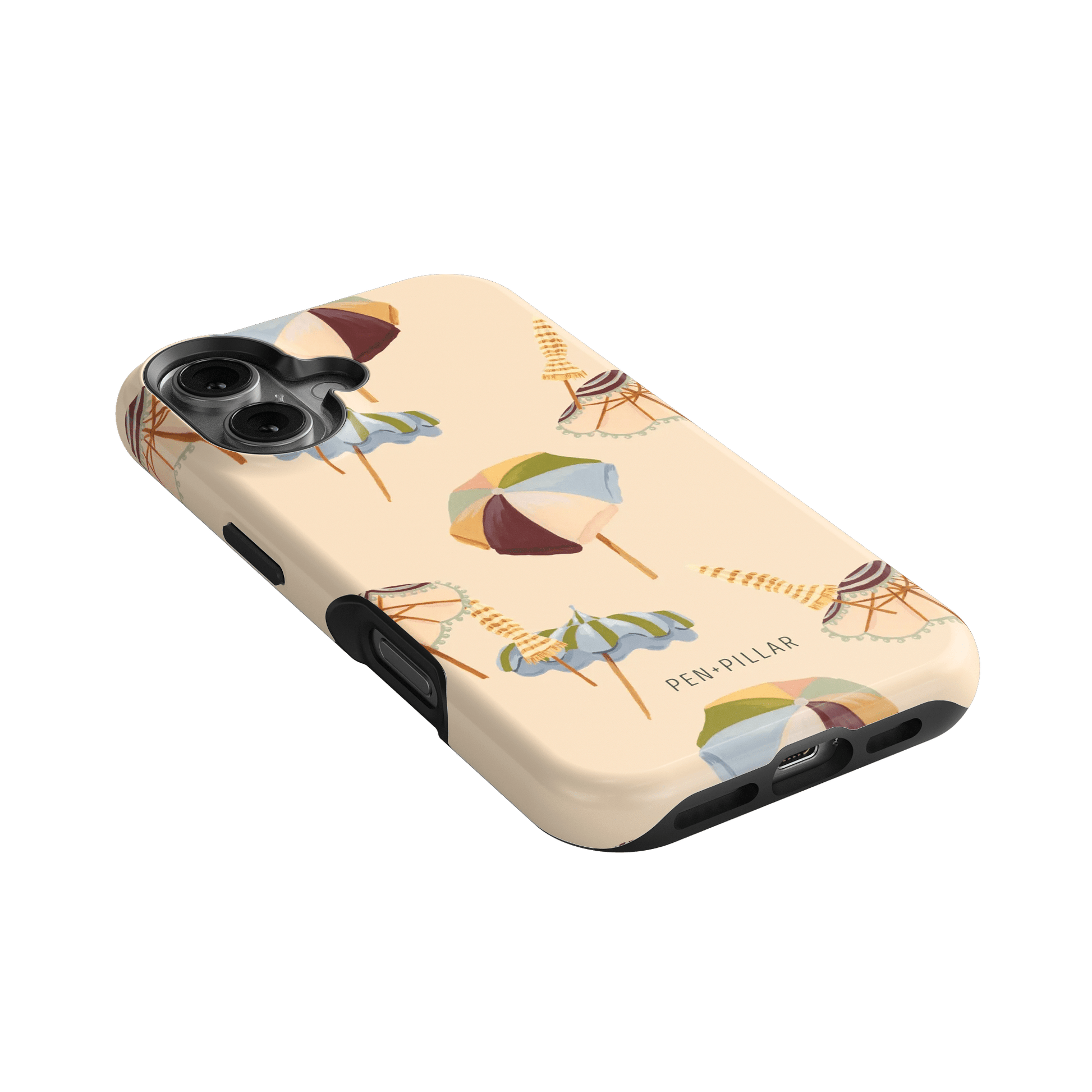 Umbrellas iPhone case featuring a light background with colorful umbrella designs and a textured finish.