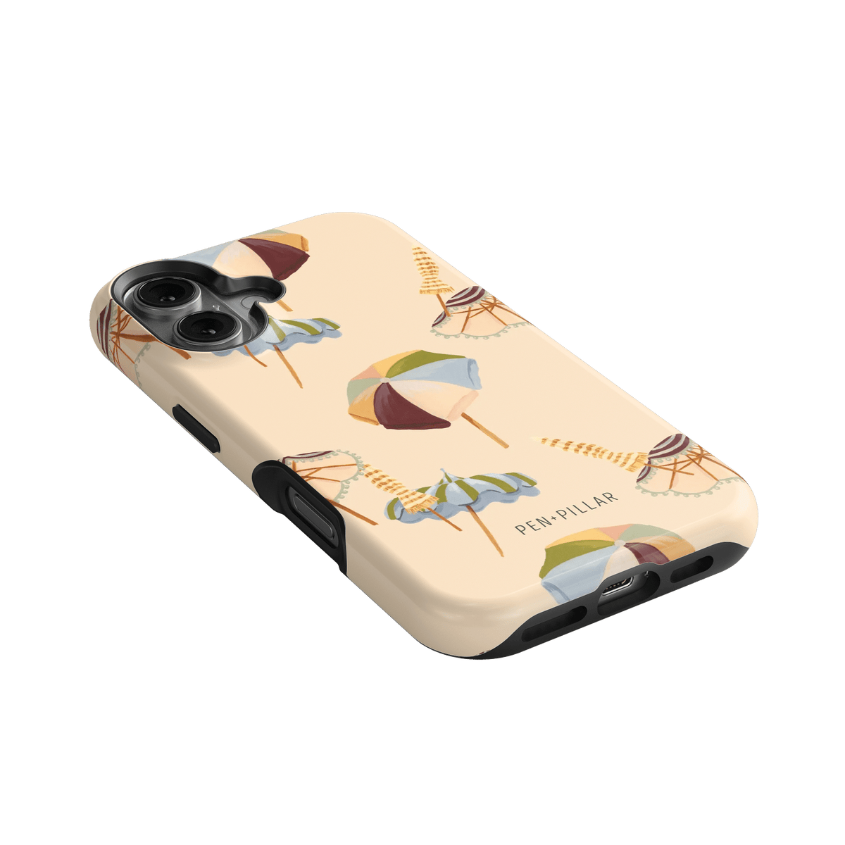 Umbrellas iPhone case featuring a light background with colorful umbrella designs and a textured finish.