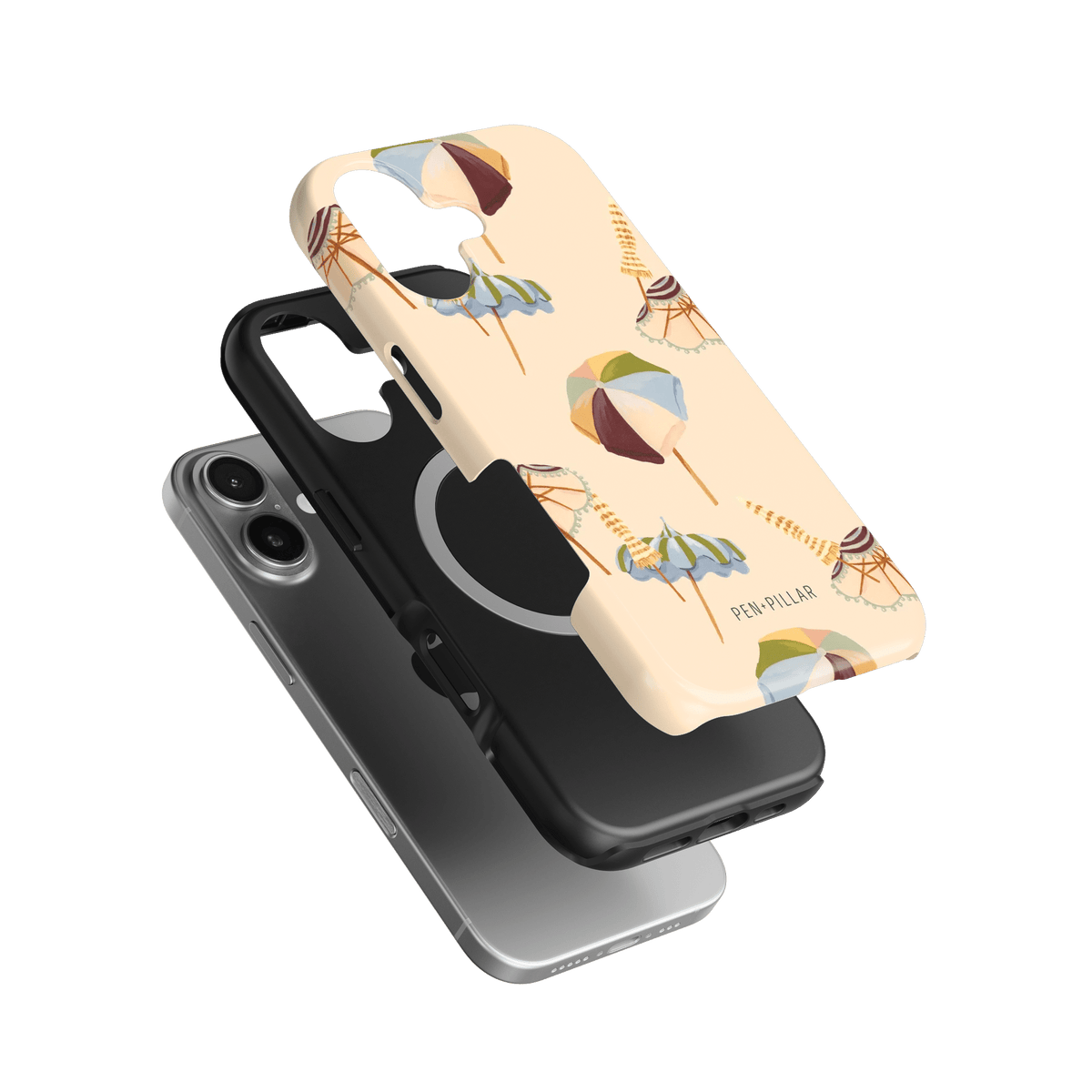 Umbrellas iPhone case featuring a light background with colorful umbrella designs, shown layered over a black and silver p...