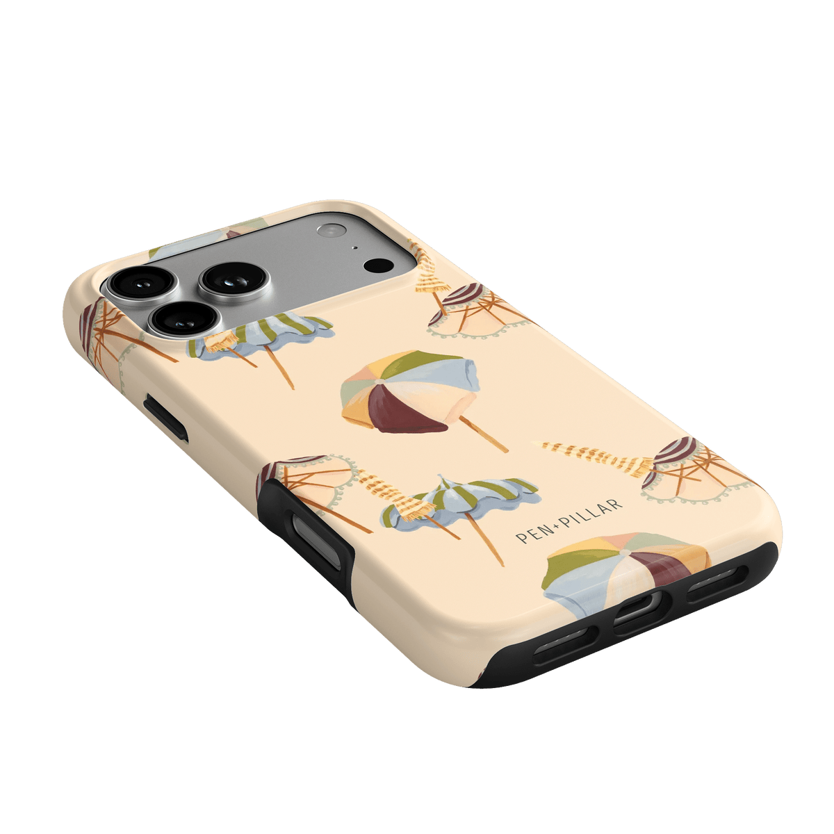Umbrellas iPhone case featuring a light beige background with colorful umbrella designs and a black edge.