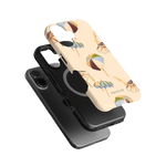 Umbrellas iPhone case featuring a light background with colorful umbrella designs and a sleek black case underneath.
