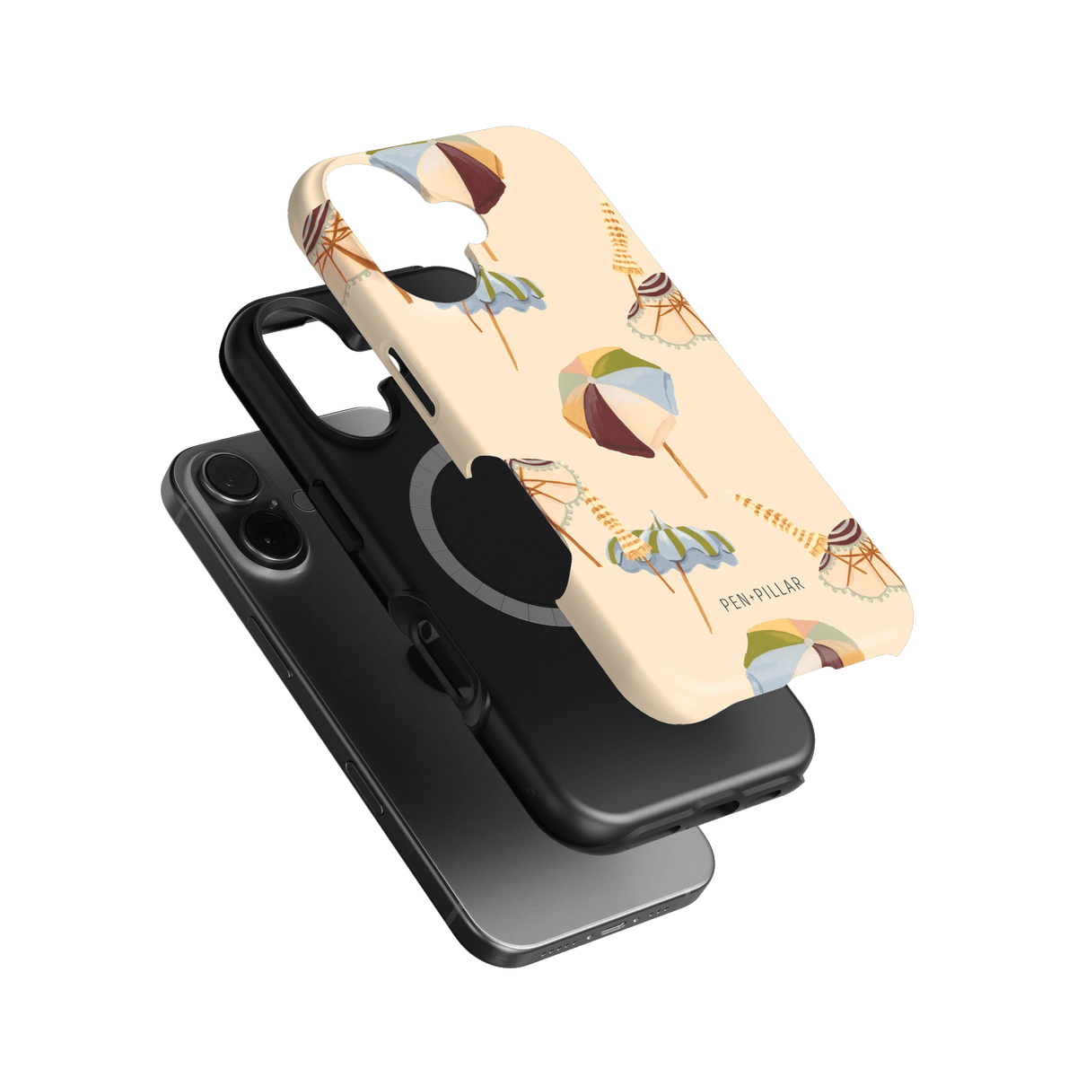 Umbrellas iPhone case featuring a light background with colorful umbrella designs and a sleek black case underneath.