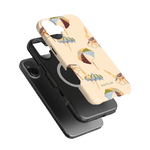 Umbrellas iPhone case featuring a light background with colorful umbrella designs and a sleek black phone case underneath.