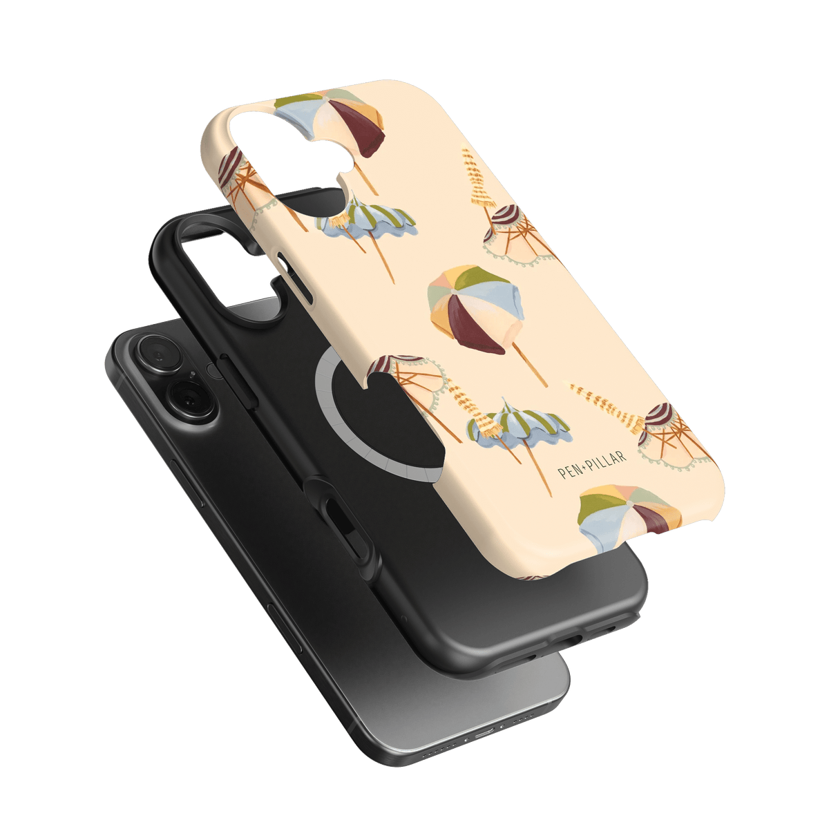 Umbrellas iPhone case featuring a light background with colorful umbrella designs and a sleek black phone case underneath.