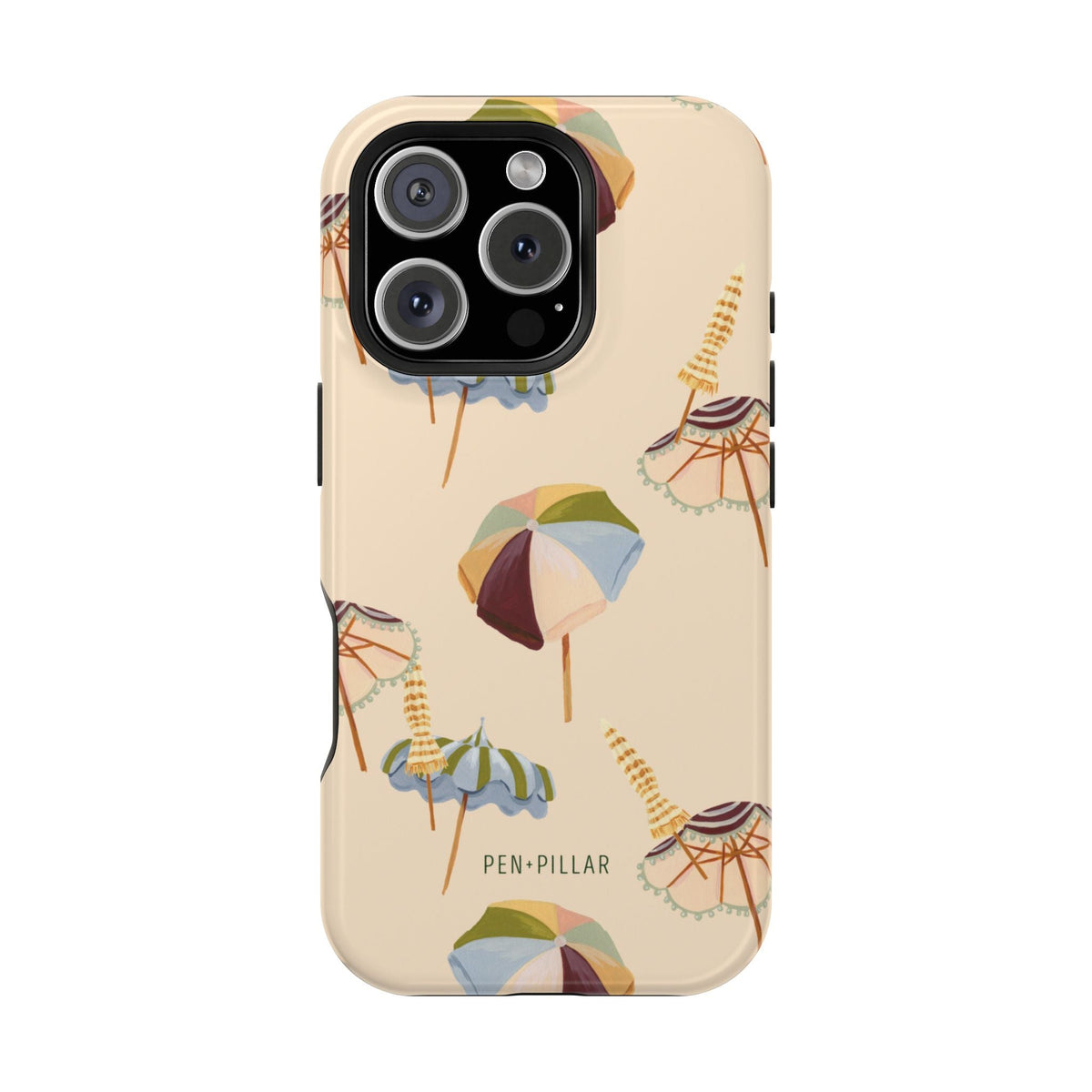 Umbrellas iPhone case featuring colorful beach umbrellas on a light beige background.