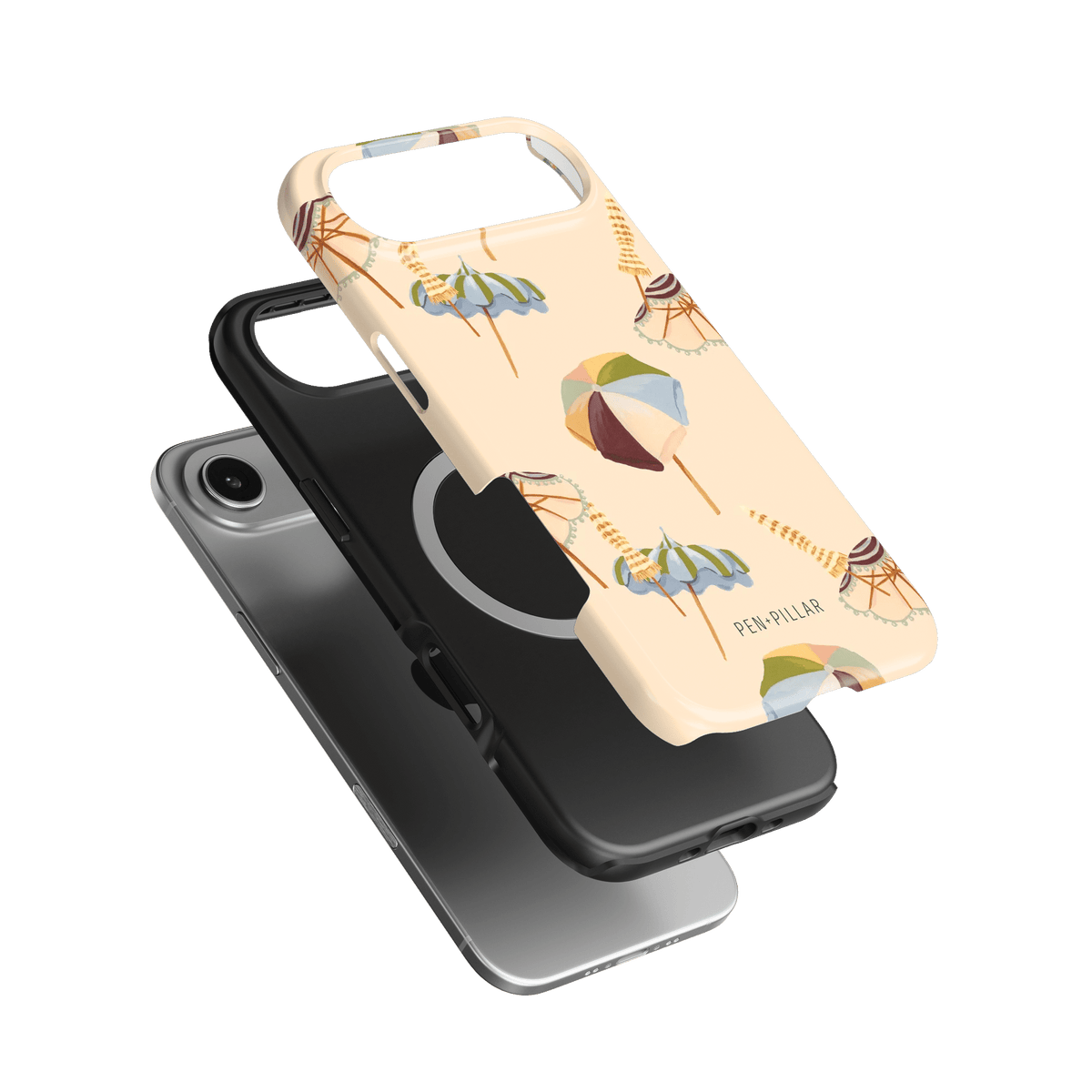 Umbrellas iPhone case featuring a light background with colorful umbrella designs and a black inner layer.