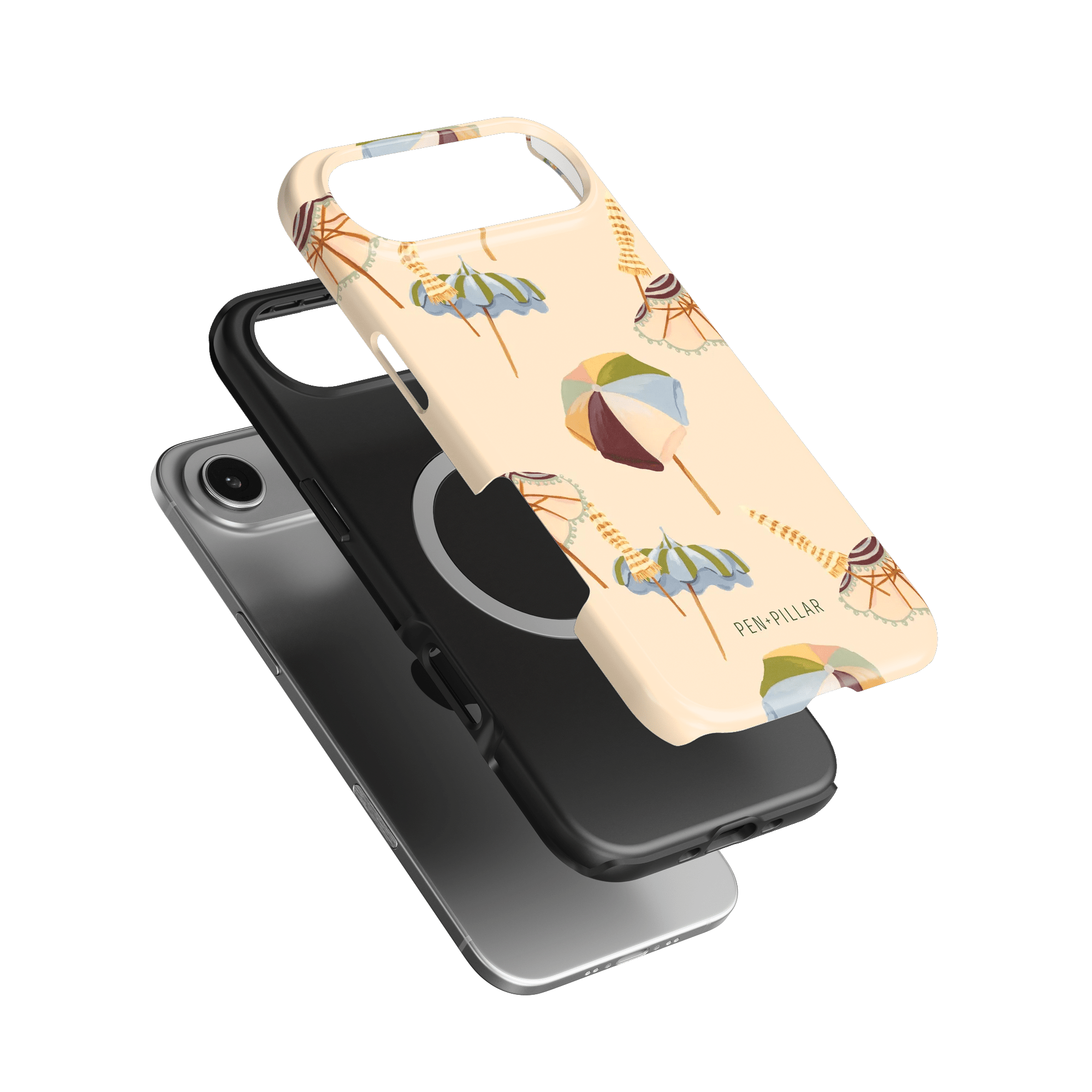 Umbrellas iPhone case featuring a light background with colorful umbrella designs and a black inner layer.