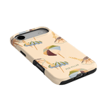 Umbrellas iPhone case featuring a light background with colorful umbrella designs and a textured finish.