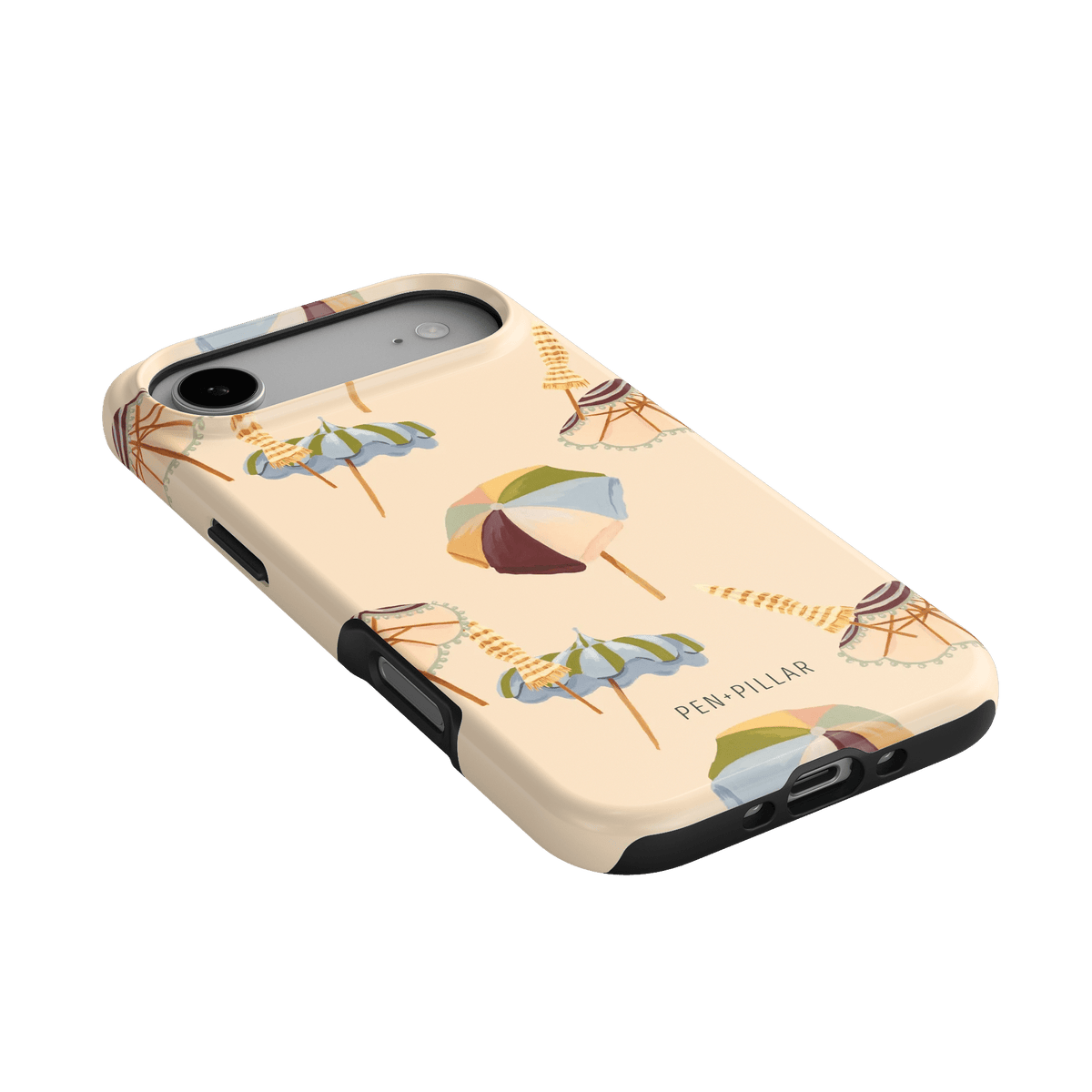 Umbrellas iPhone case featuring a light background with colorful umbrella designs and a textured finish.