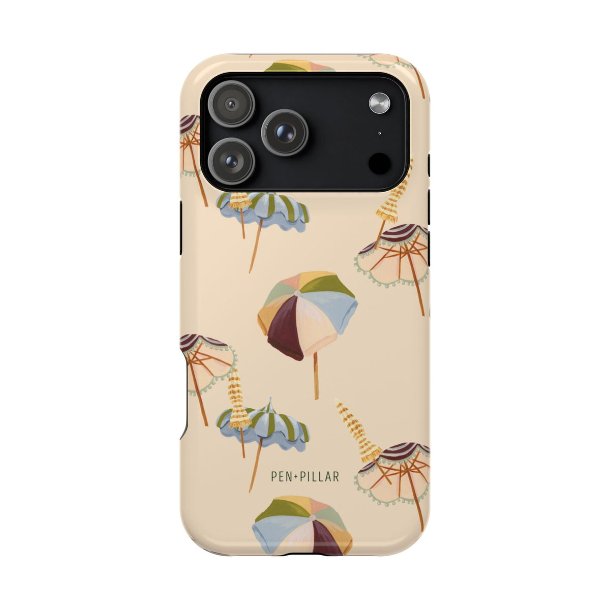 Umbrellas iPhone case featuring a light beige background with colorful umbrella designs and the brand name "PEN·PILLAR.