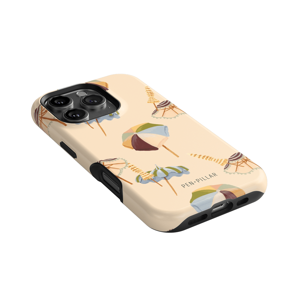 Umbrellas iPhone case featuring a light beige background with colorful umbrella patterns and a black edge.