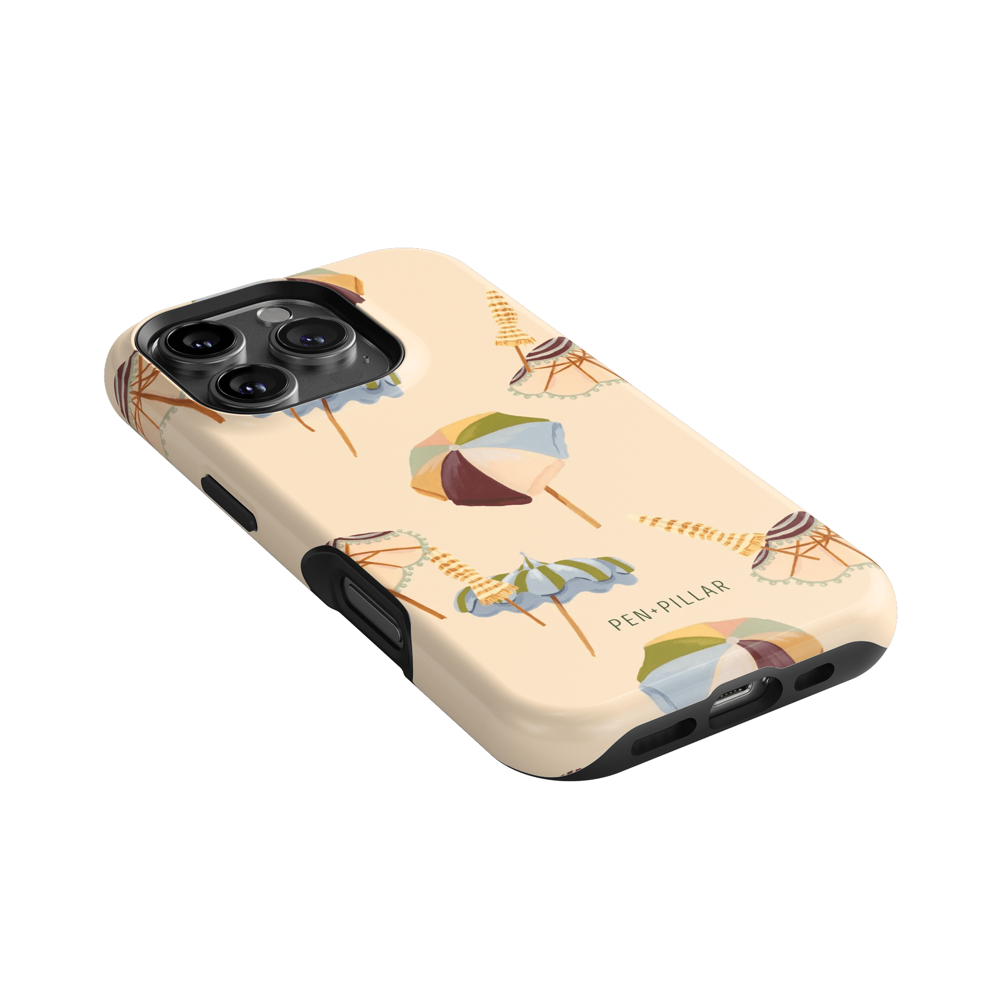 Umbrellas iPhone case featuring a light beige background with colorful umbrella patterns and a black edge.