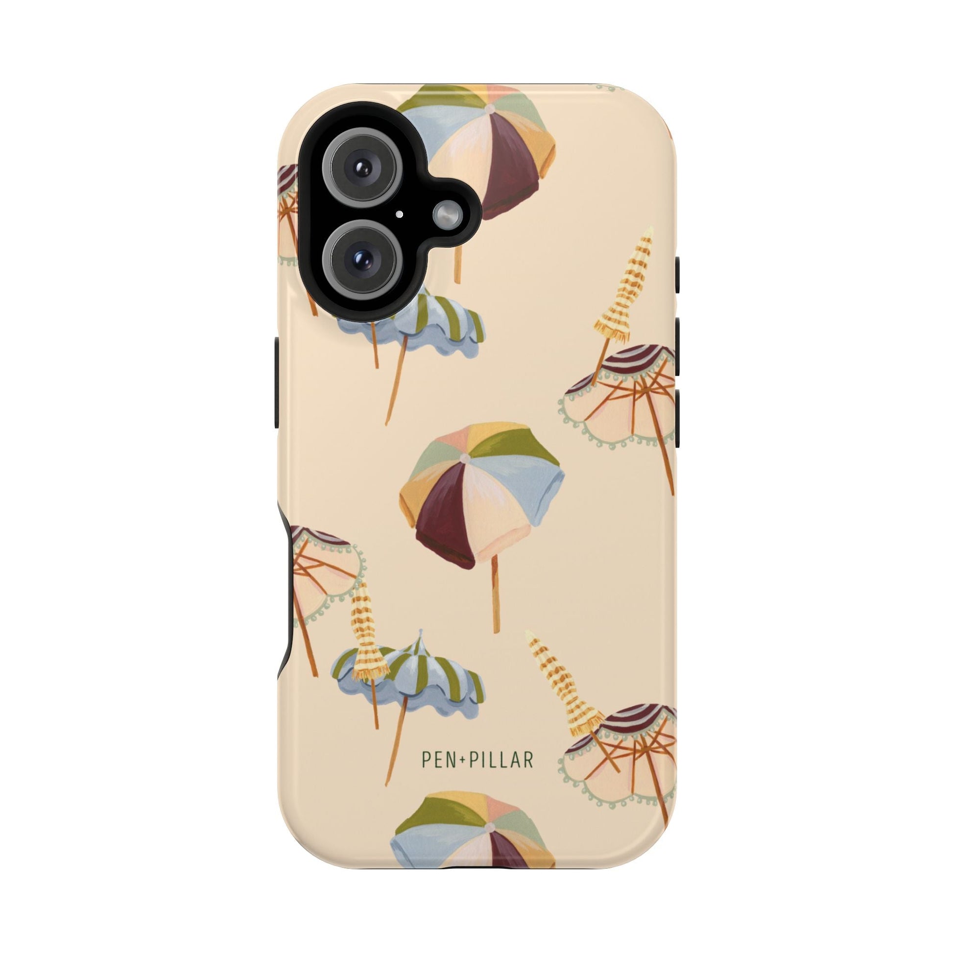 Umbrellas iPhone case featuring colorful beach umbrellas on a light background with a smooth finish.