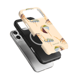 Umbrellas iPhone case featuring a light background with colorful umbrella designs, layered over a black and silver case.