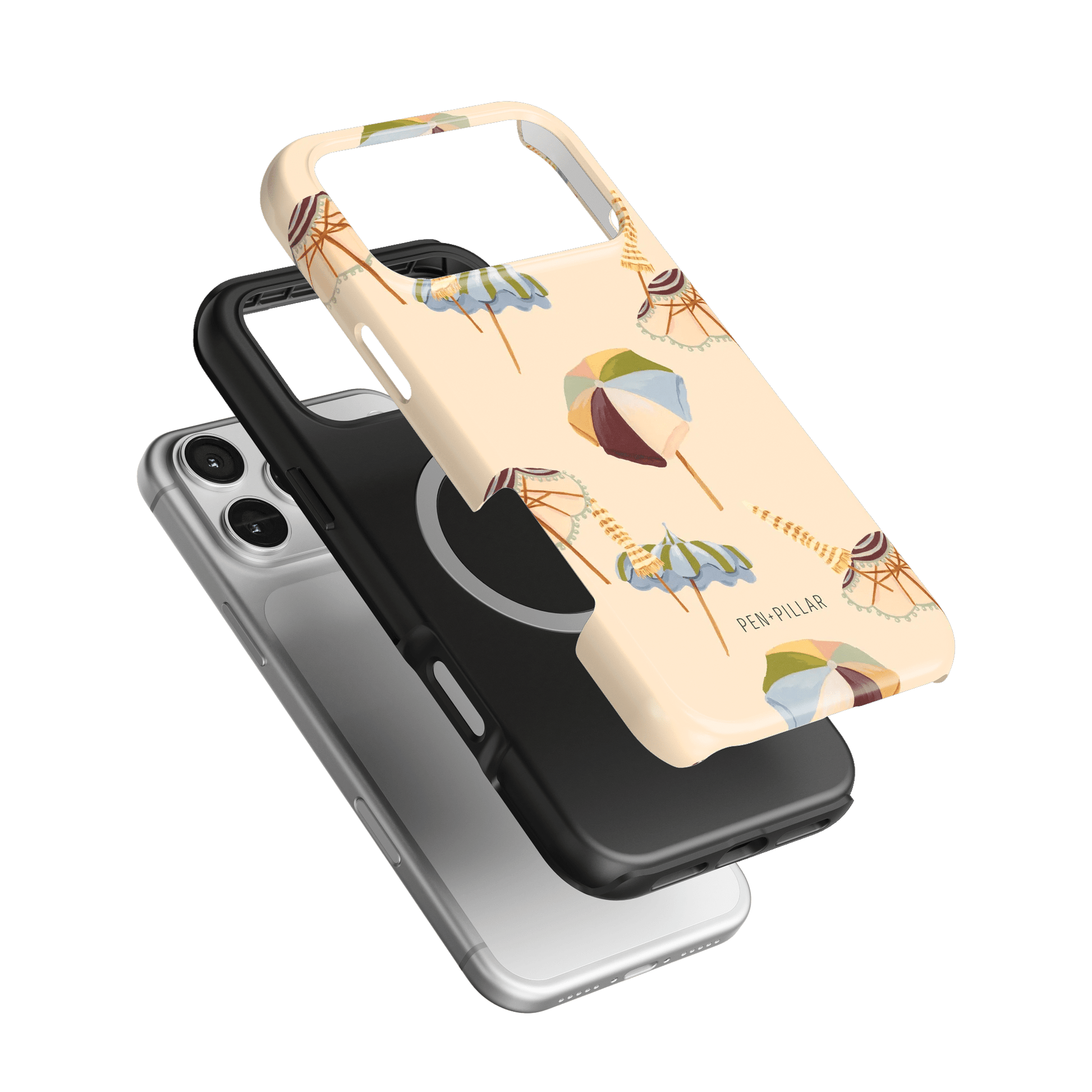 Umbrellas iPhone case featuring a light background with colorful umbrella designs, layered over a black and silver case.