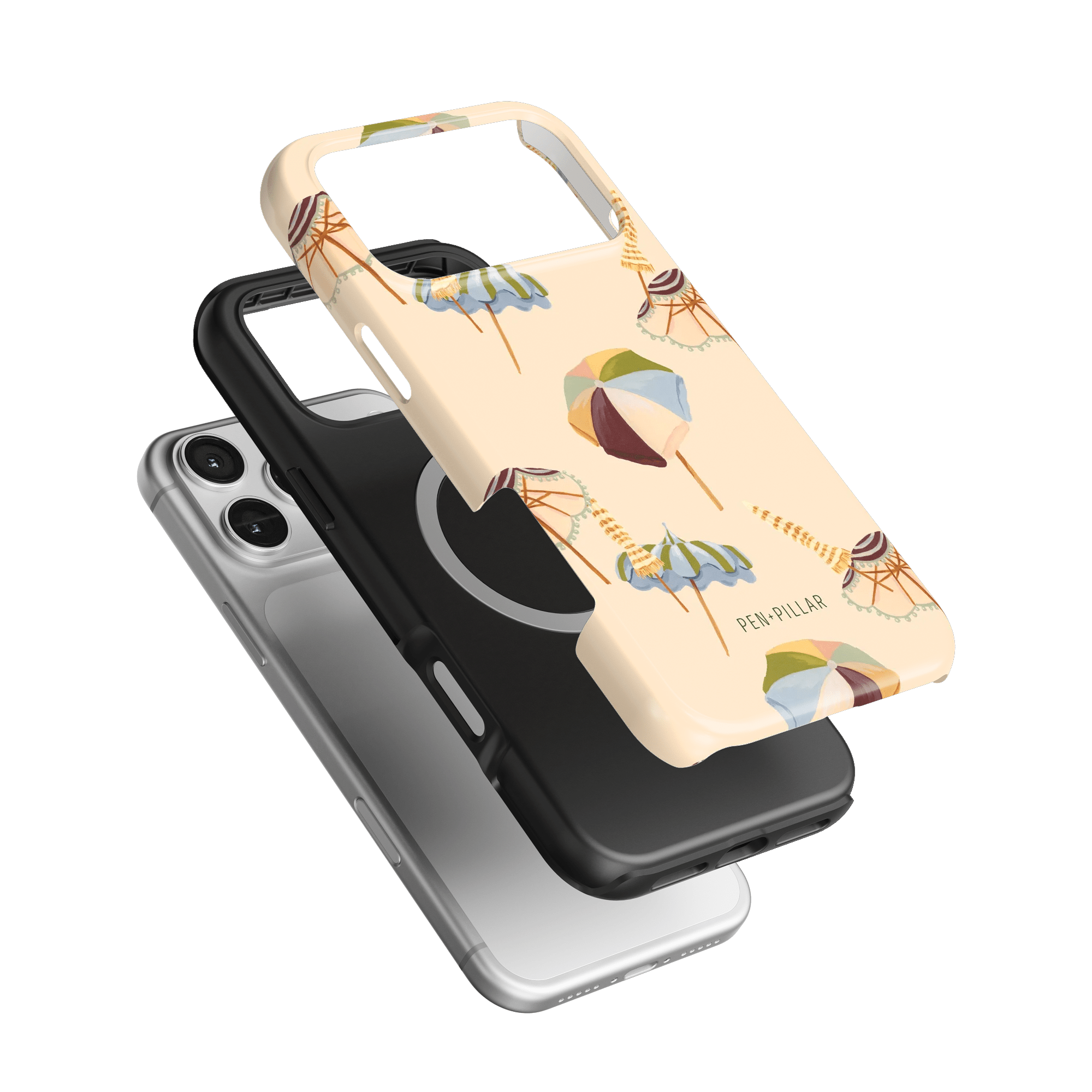 Umbrellas iPhone case featuring a light background with colorful umbrella designs, layered over a black and silver case.