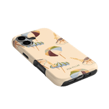 Umbrellas iPhone case featuring a pastel design with colorful beach umbrellas on a light background.