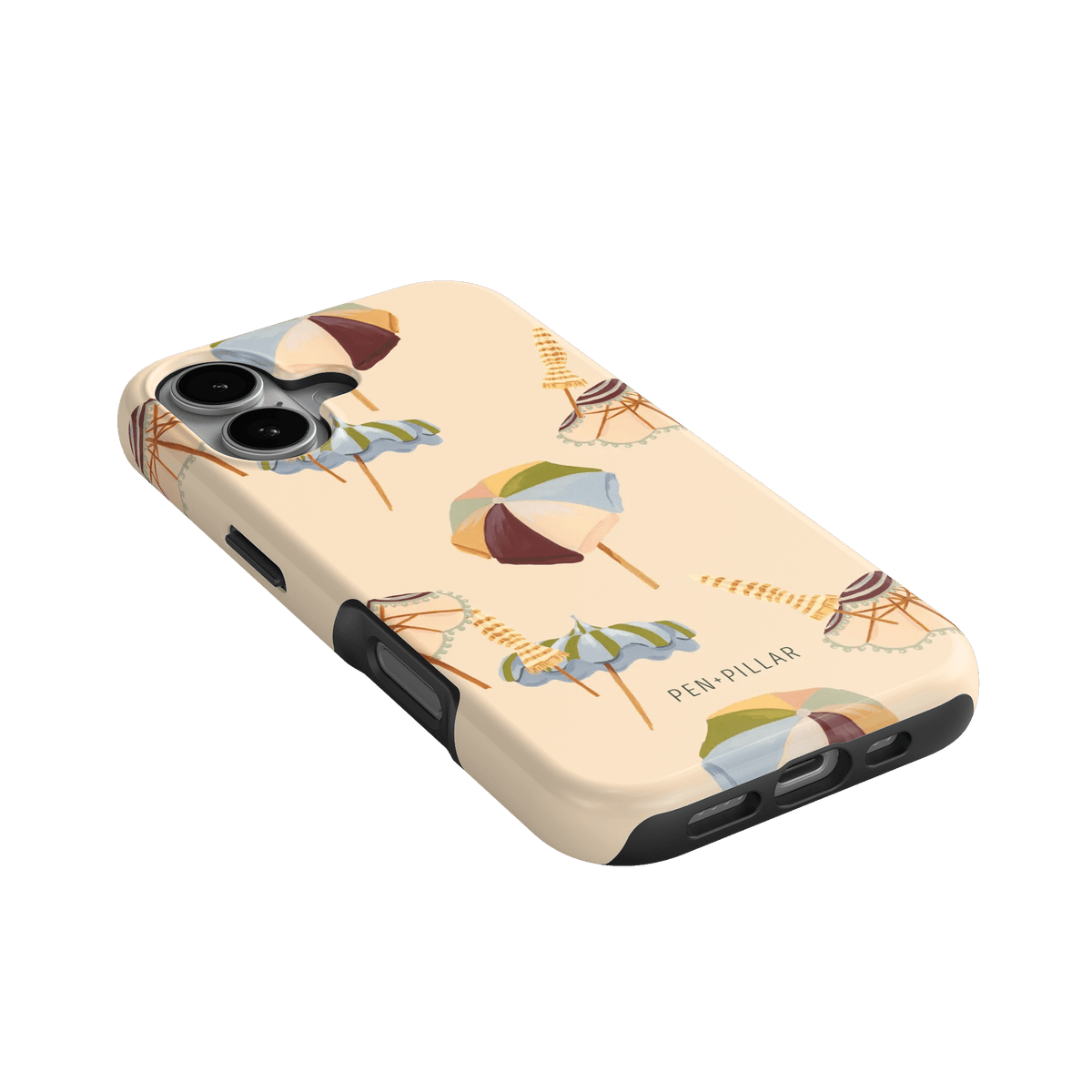 Umbrellas iPhone case featuring a pastel design with colorful beach umbrellas on a light background.
