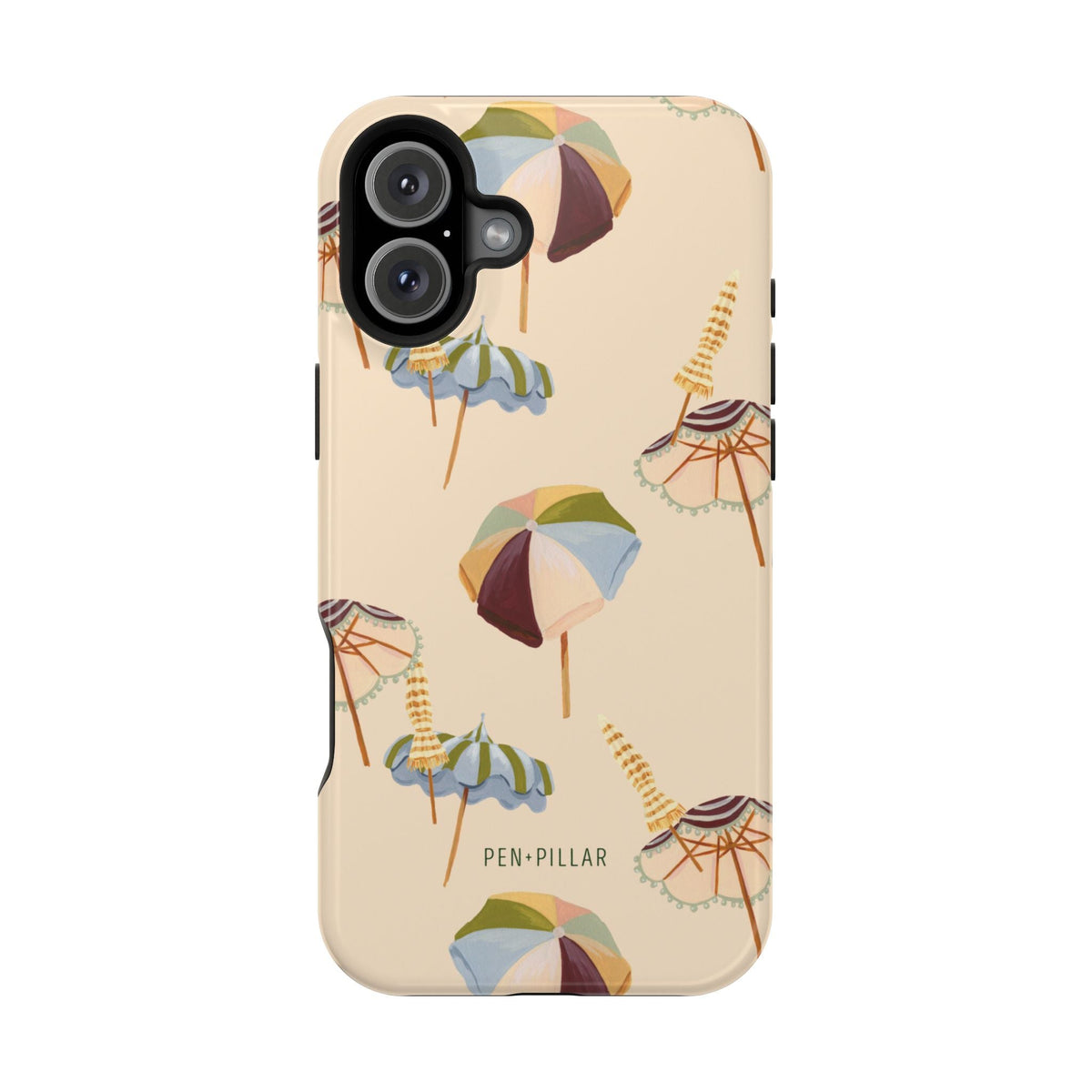 Umbrellas iPhone case featuring colorful beach umbrellas on a light beige background.
