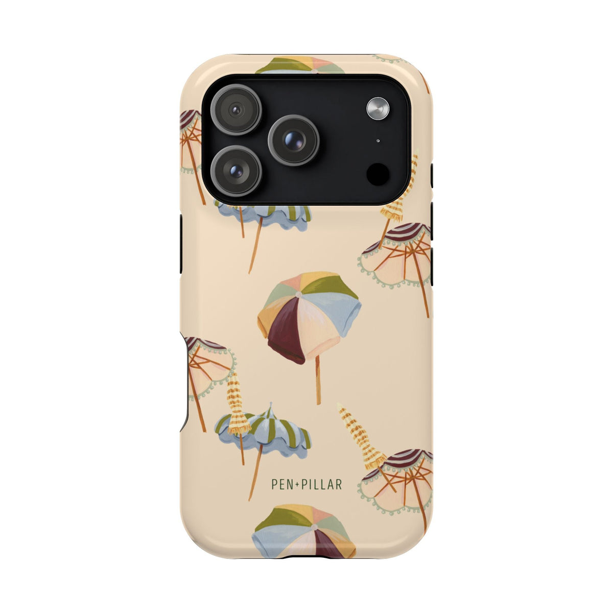 Umbrellas iPhone case featuring a light beige background with colorful umbrella designs and the brand name "PEN·PILLAR" at...