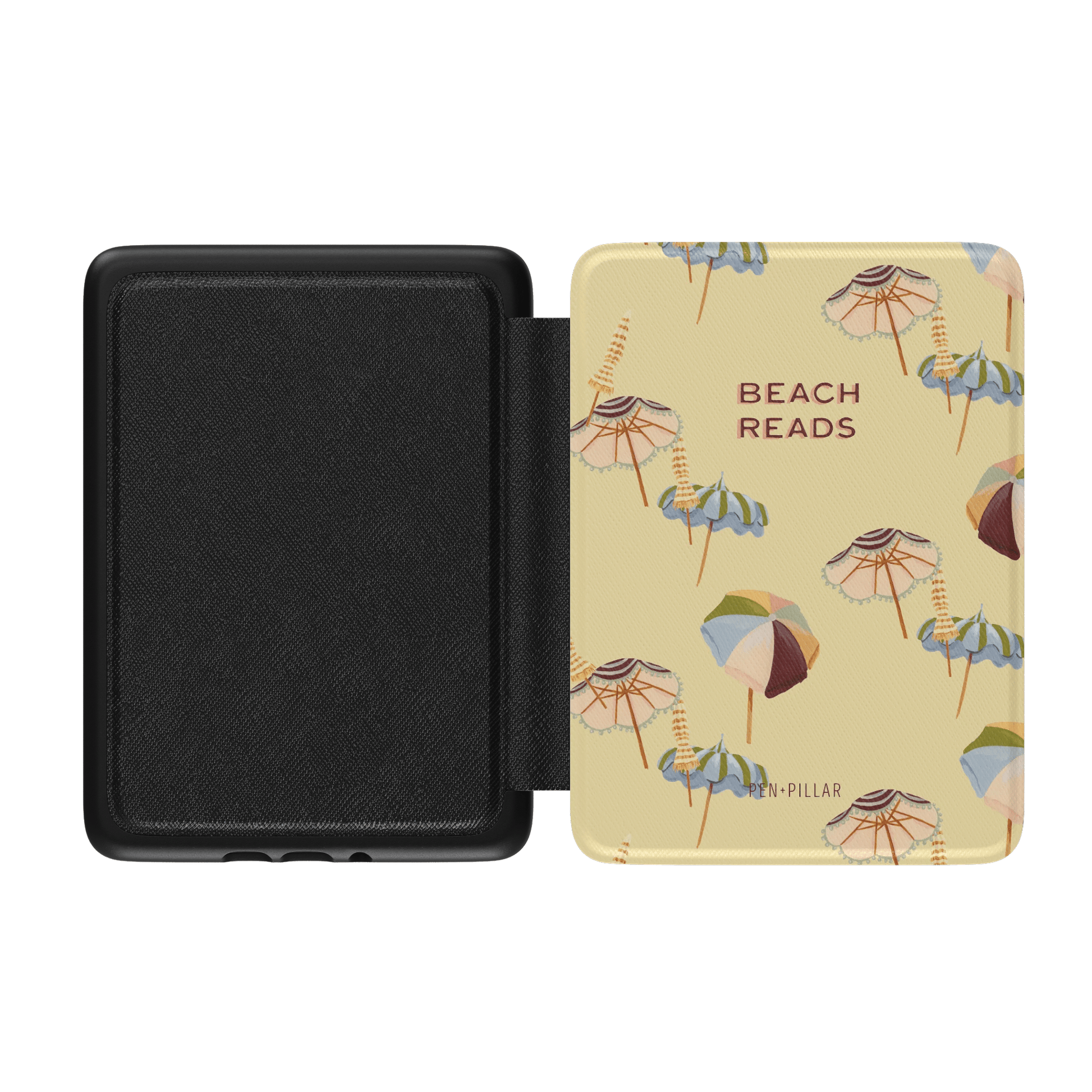 Umbrellas Kindle case featuring a yellow background with colorful beach umbrellas and the text "Beach Reads.