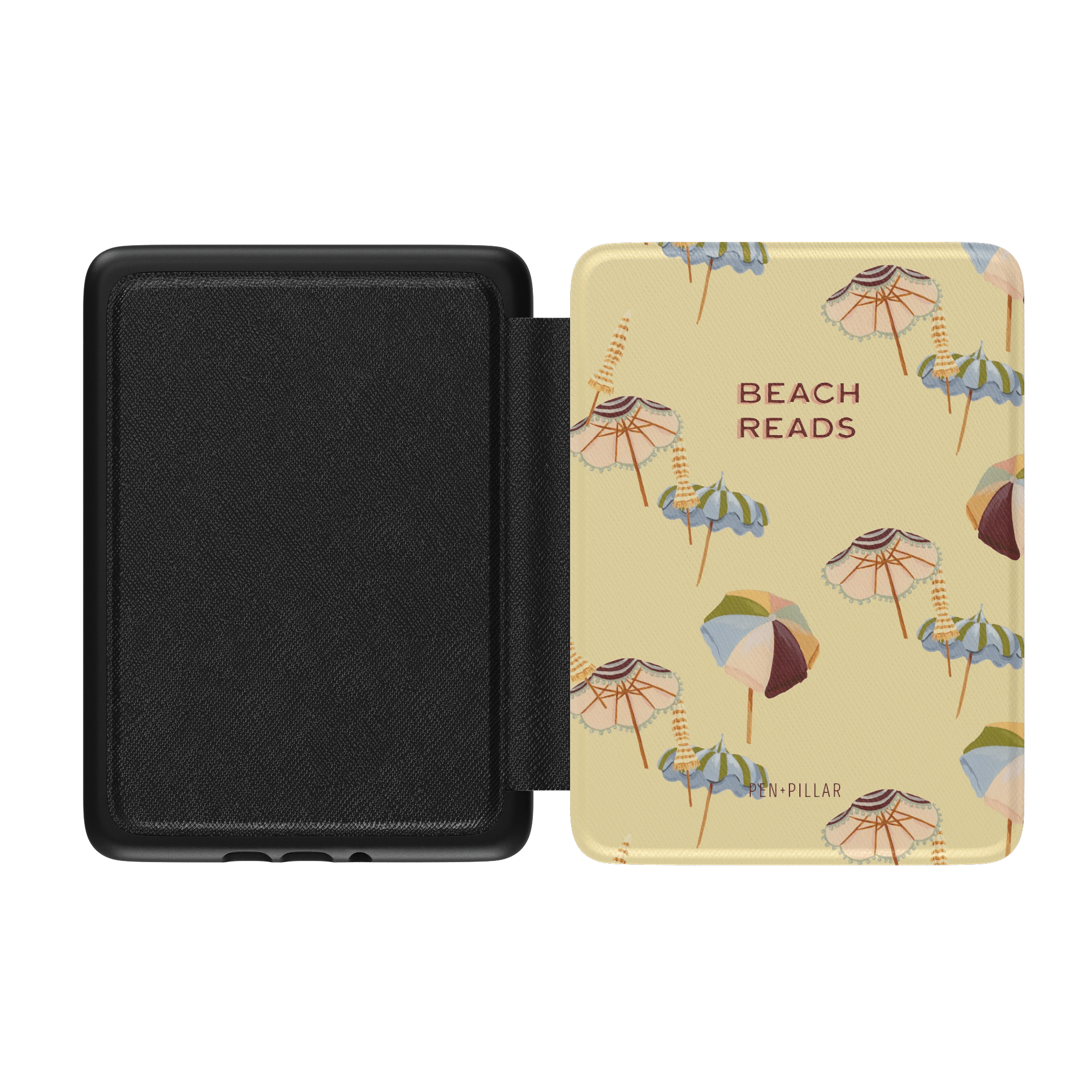Umbrellas Kindle case featuring a yellow background with colorful beach umbrellas and the text "Beach Reads.