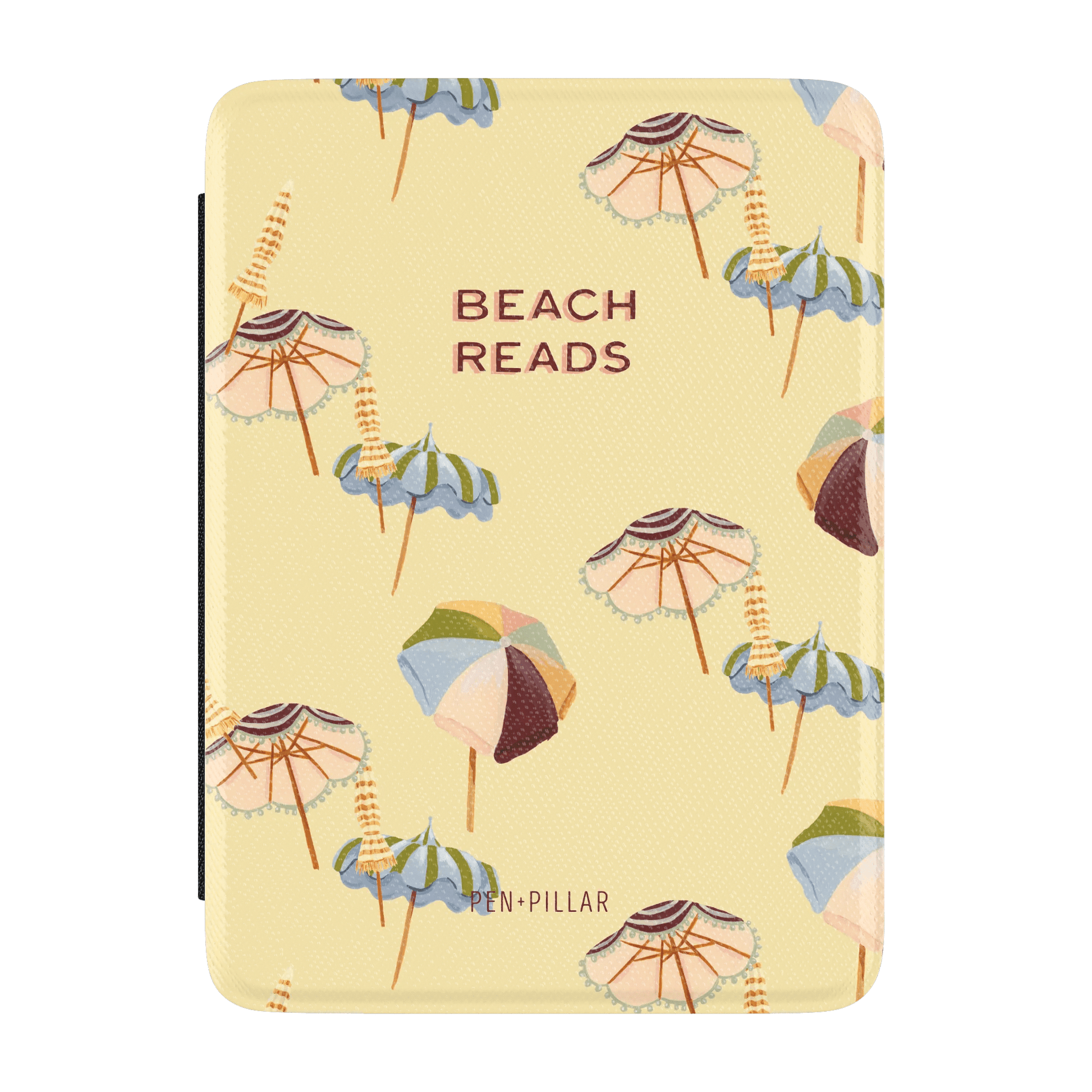 Umbrellas Kindle case featuring a yellow background with colorful beach umbrellas and the text "Beach Reads.