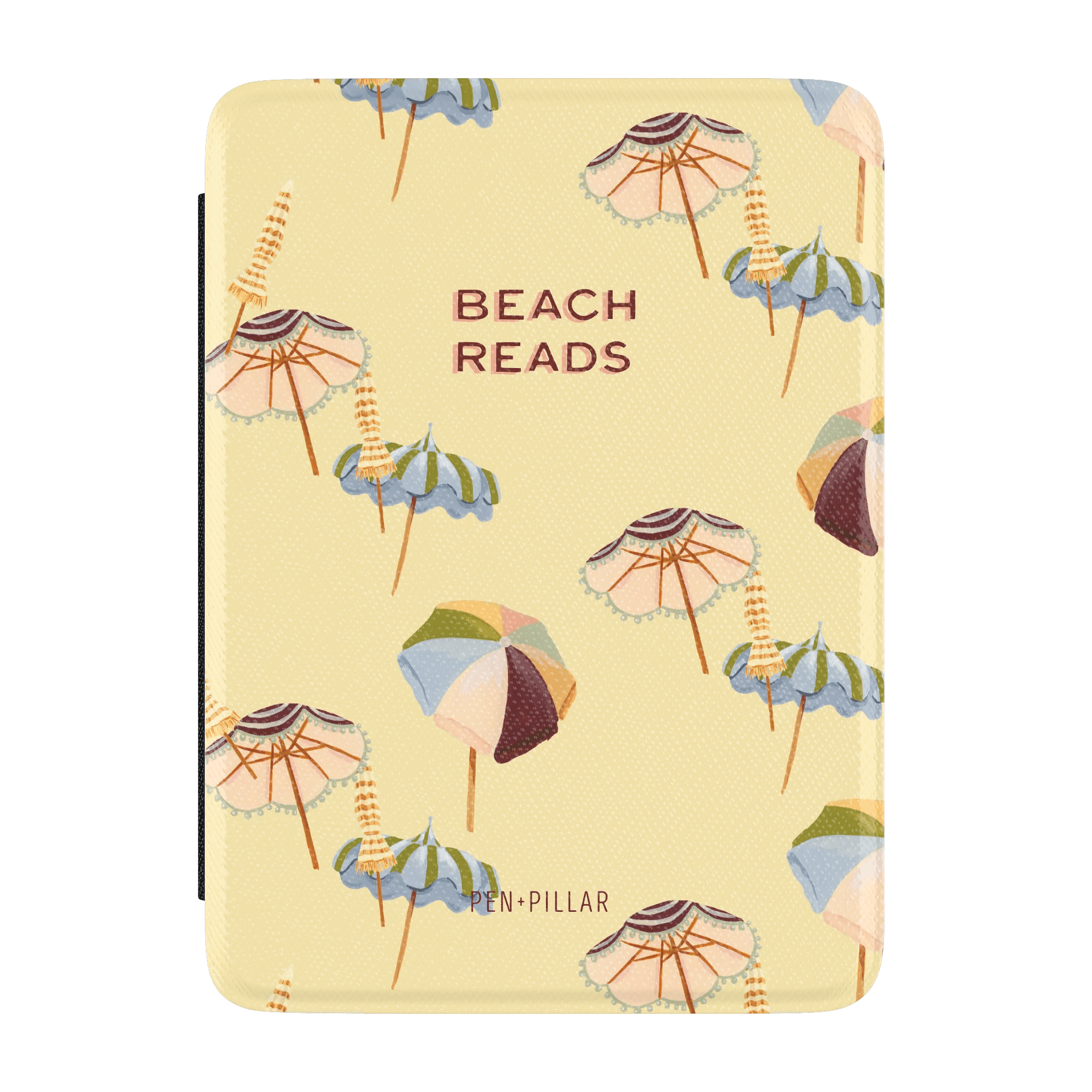 Umbrellas Kindle case featuring a yellow background with colorful beach umbrellas and the text "Beach Reads.