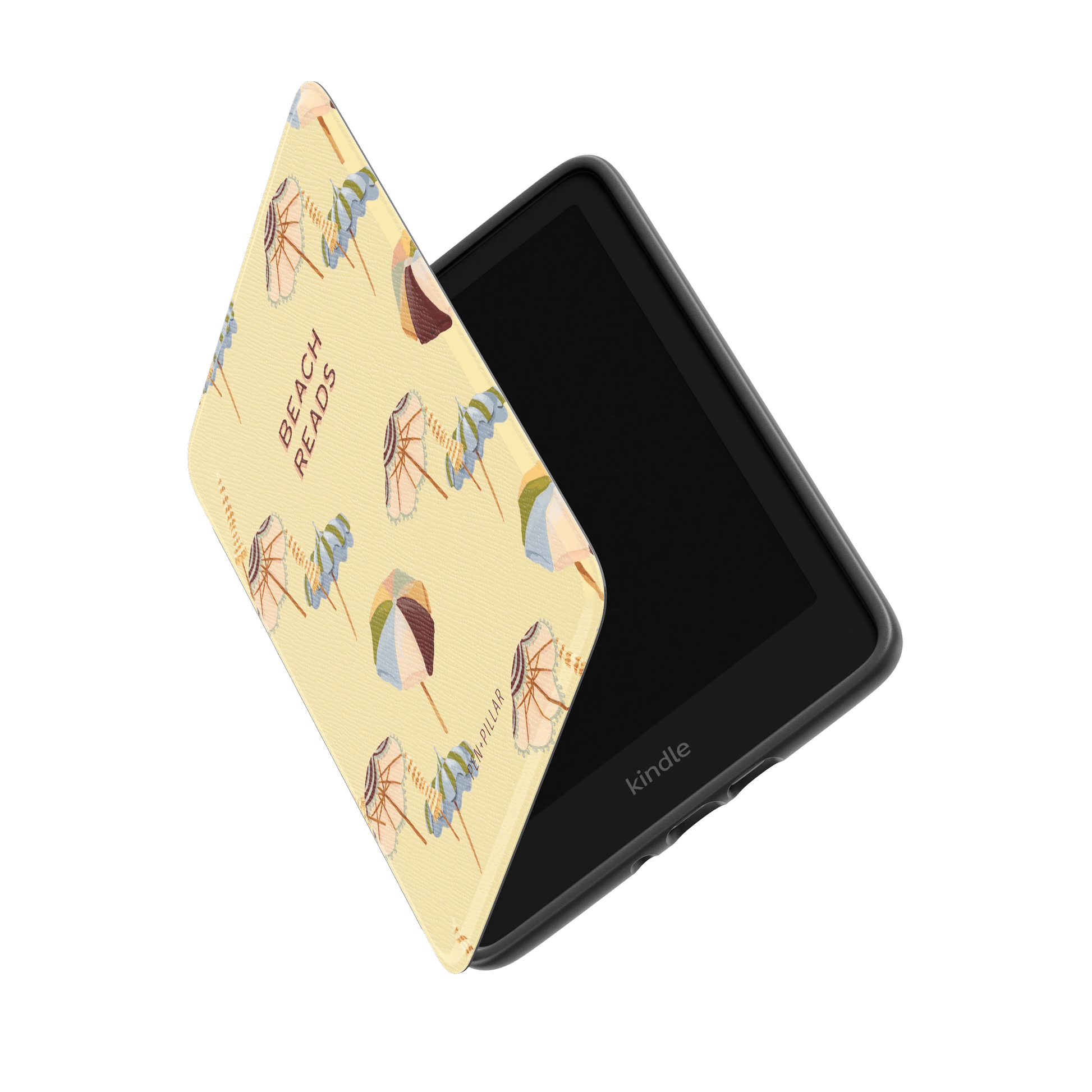 Umbrellas Kindle case with a yellow background and colorful umbrella illustrations, partially open to show the device inside.
