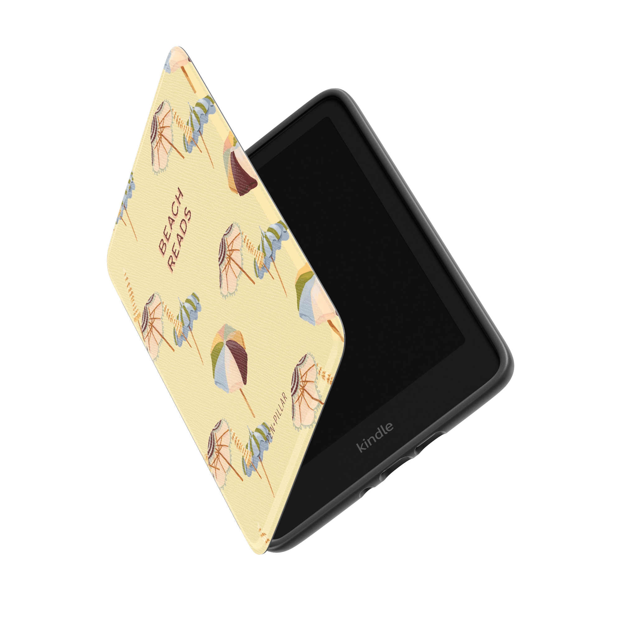 Umbrellas Kindle case with a yellow background and colorful umbrella illustrations, partially open to show the device inside.