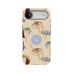 Personalized iPhone case featuring colorful umbrellas on a beige background with a central monogram.