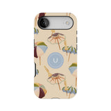 Personalized iPhone case featuring colorful umbrellas on a beige background with a central monogram.