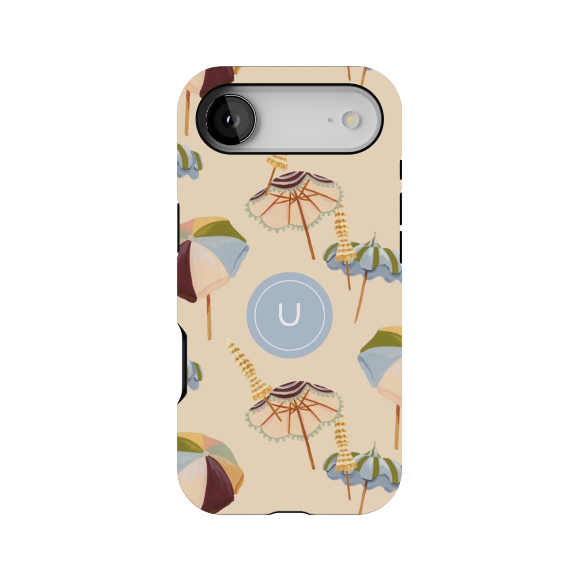 Personalized iPhone case featuring colorful umbrellas on a beige background with a central monogram.
