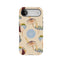 Personalized iPhone case featuring colorful umbrellas on a beige background with a central monogram.