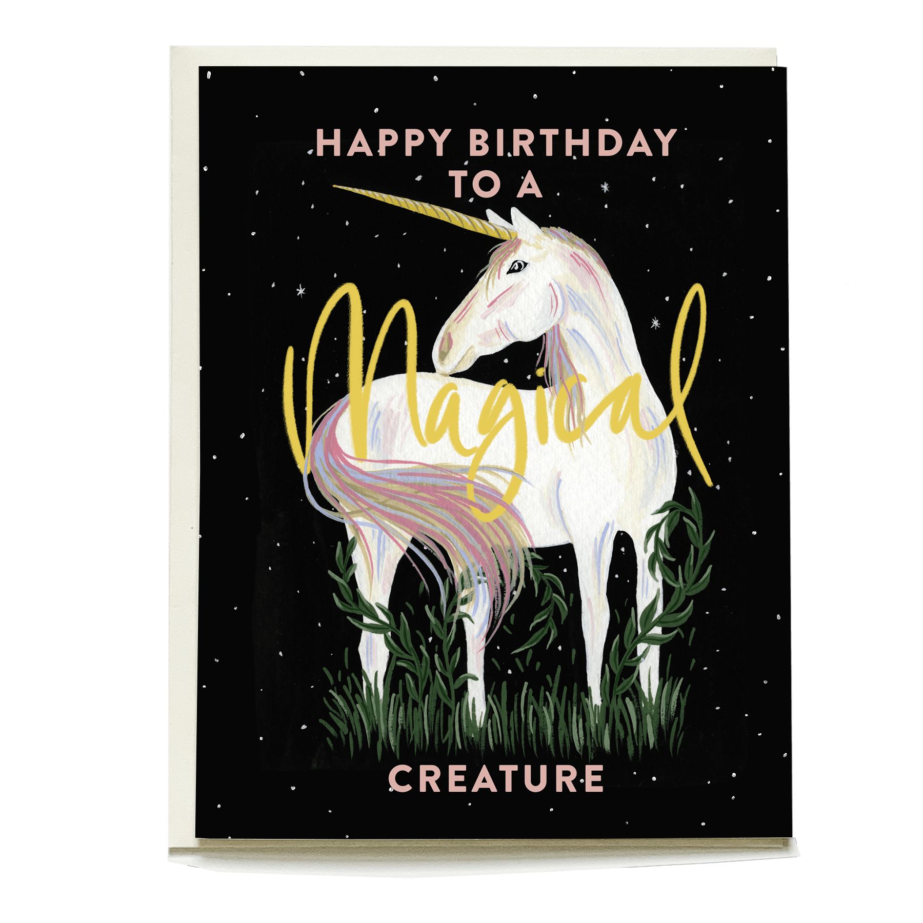 Unicorn birthday card featuring a white unicorn with a rainbow mane on a black background, with "Happy birthday to a magic...