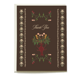Vessel thank you card featuring a floral vase design on a dark brown background with decorative borders.