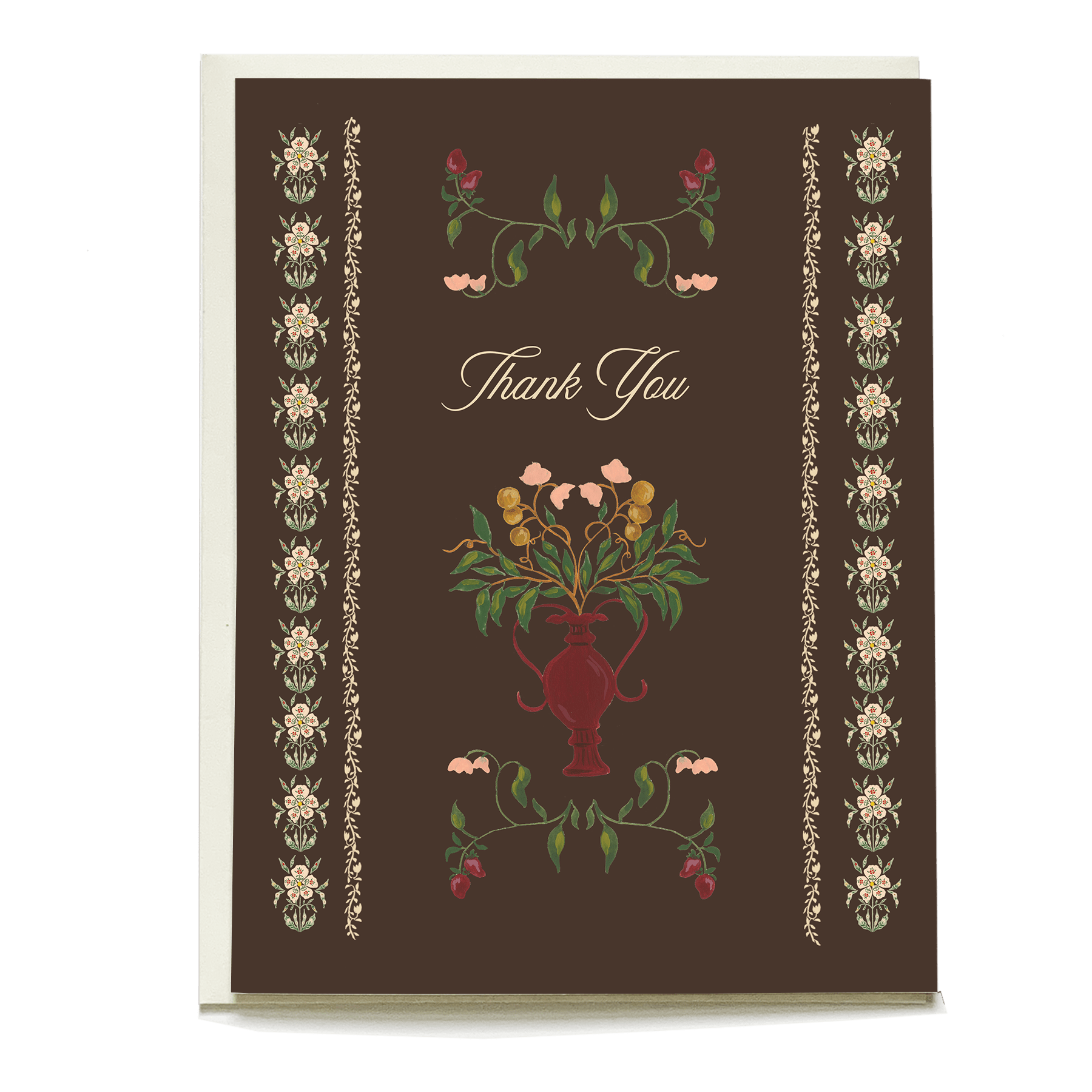 Vessel thank you card featuring a floral vase design on a dark brown background with decorative borders.
