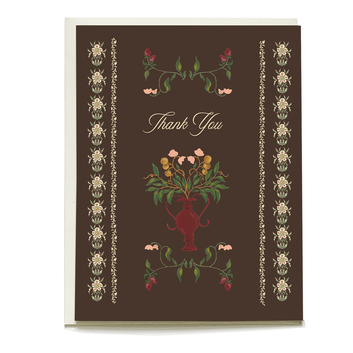 Vessel thank you card featuring a floral vase design on a dark brown background with decorative borders.
