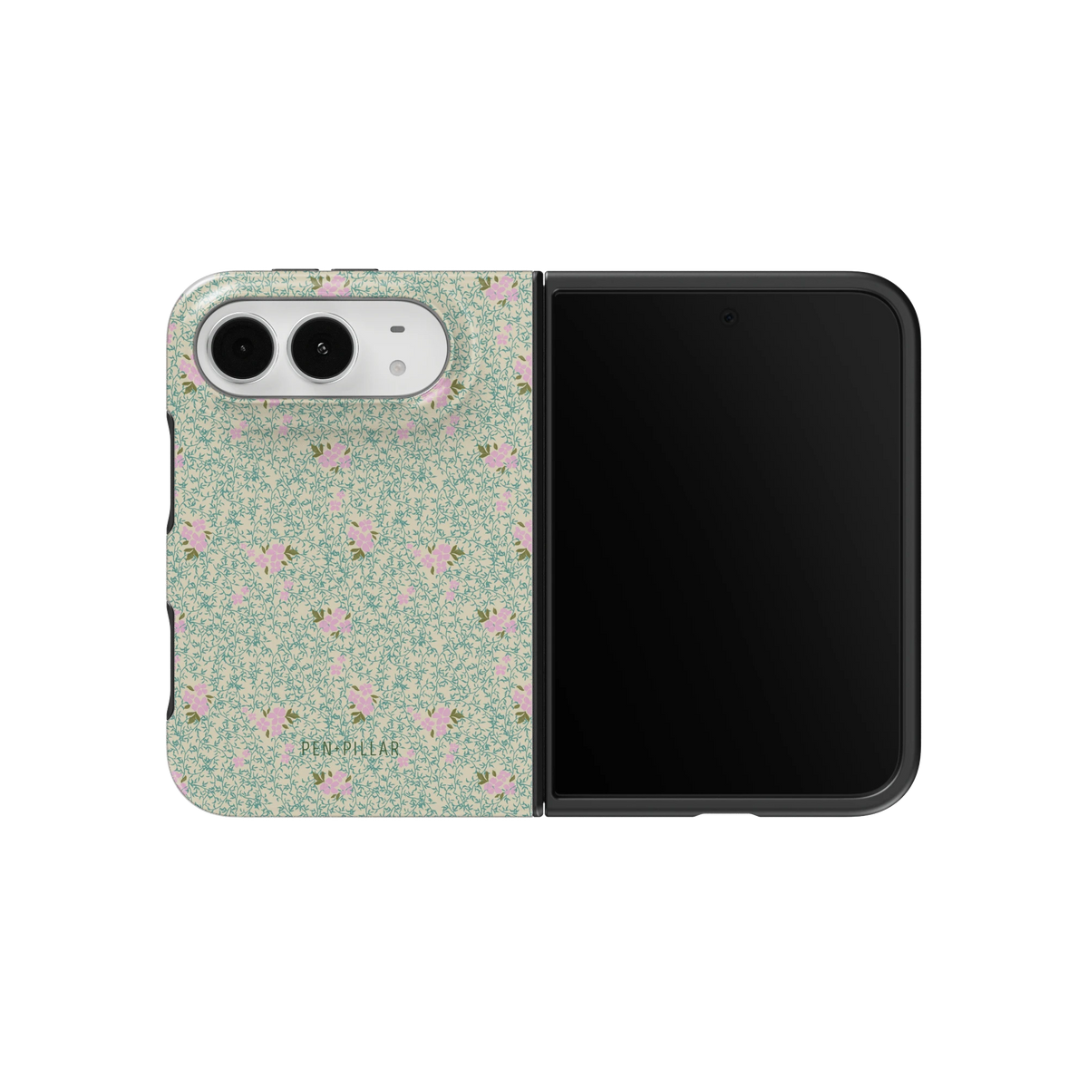Vine+Bloom iPhone 18 Duo case on an unfolded iPhone 18 Duo, back and screen side by side: tiny pink flowers on a dense sage green vine pattern