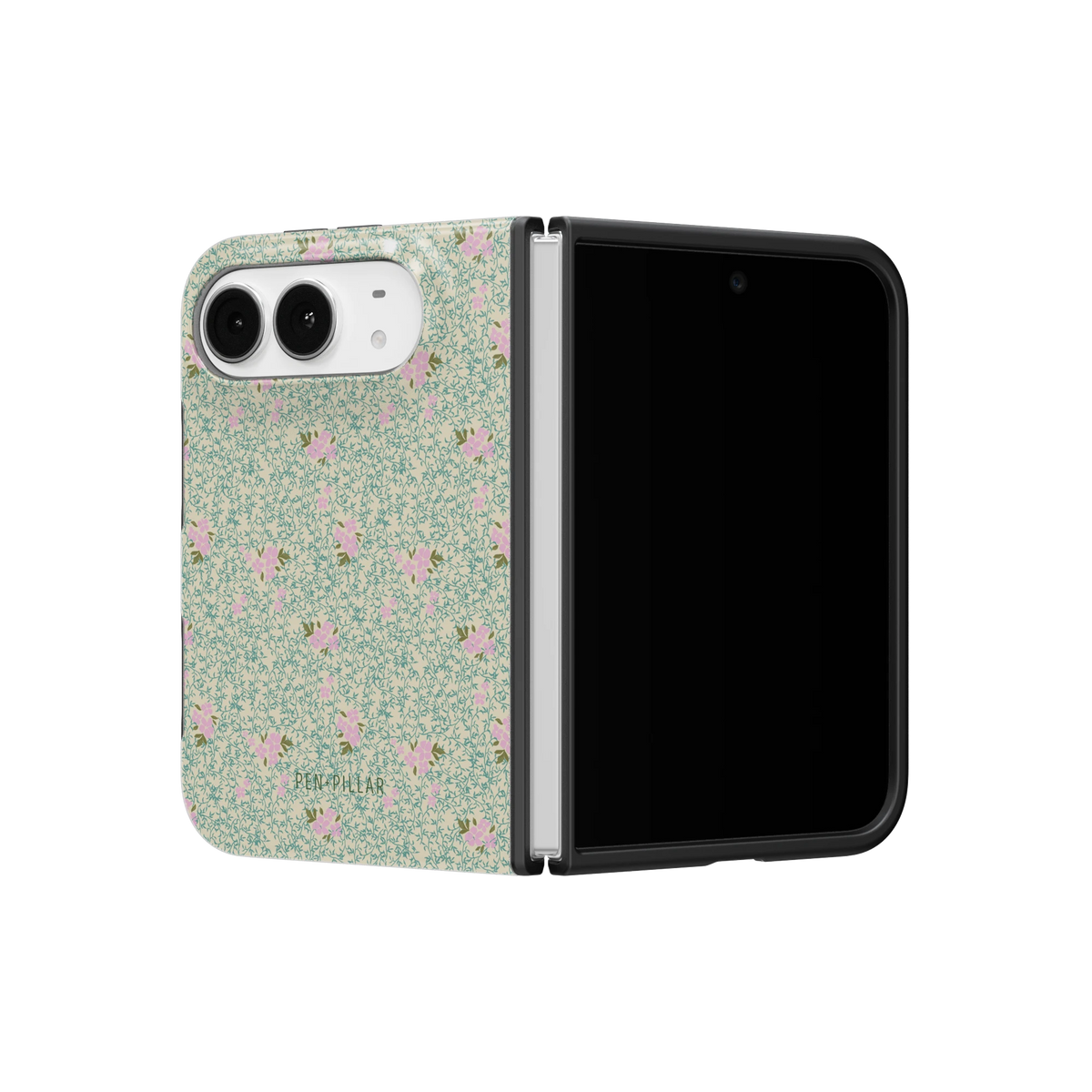 Vine+Bloom iPhone 18 Duo case on a half-open iPhone 18 Duo, angled view
