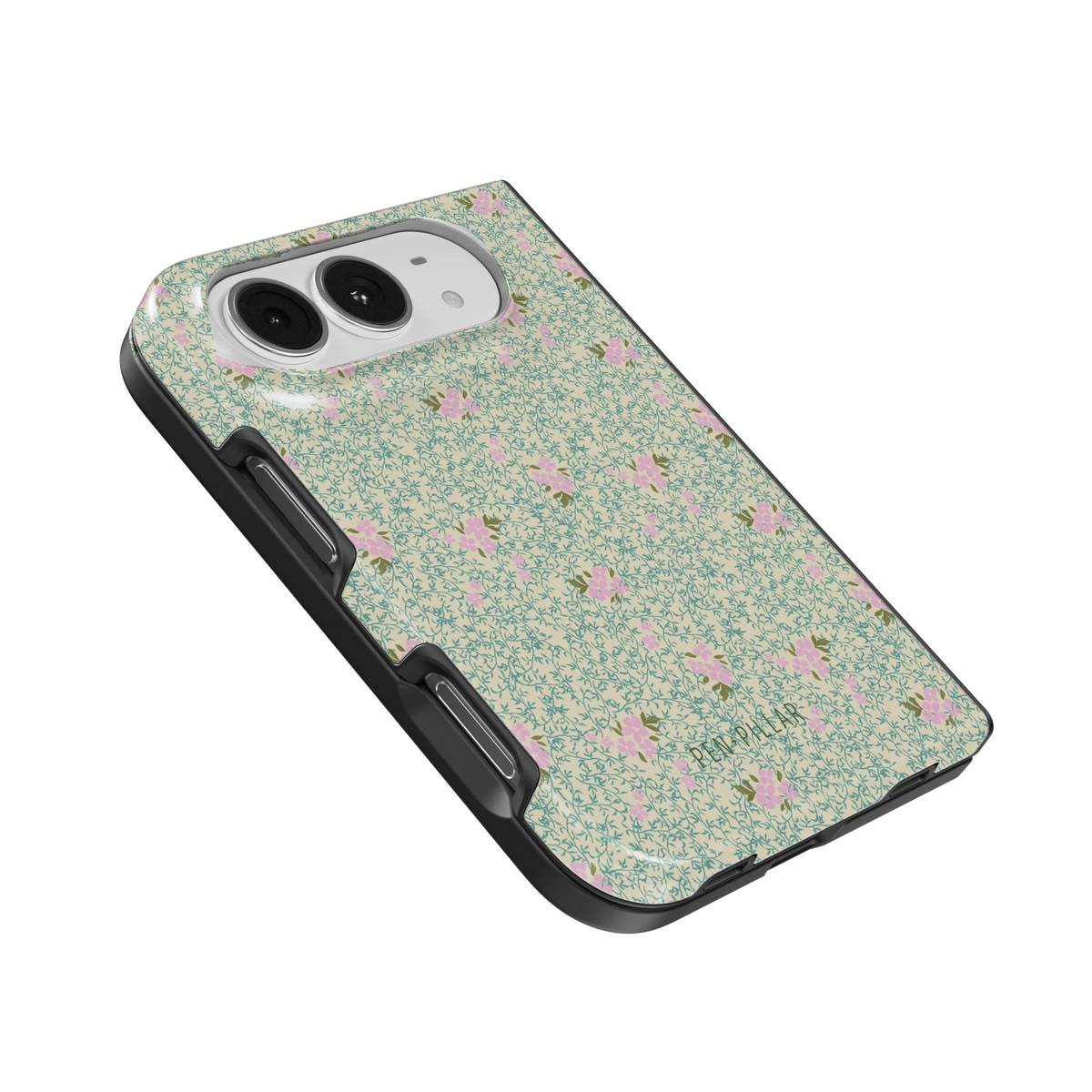 Vine+Bloom iPhone 18 Duo case, angled view showing the camera surround and side buttons